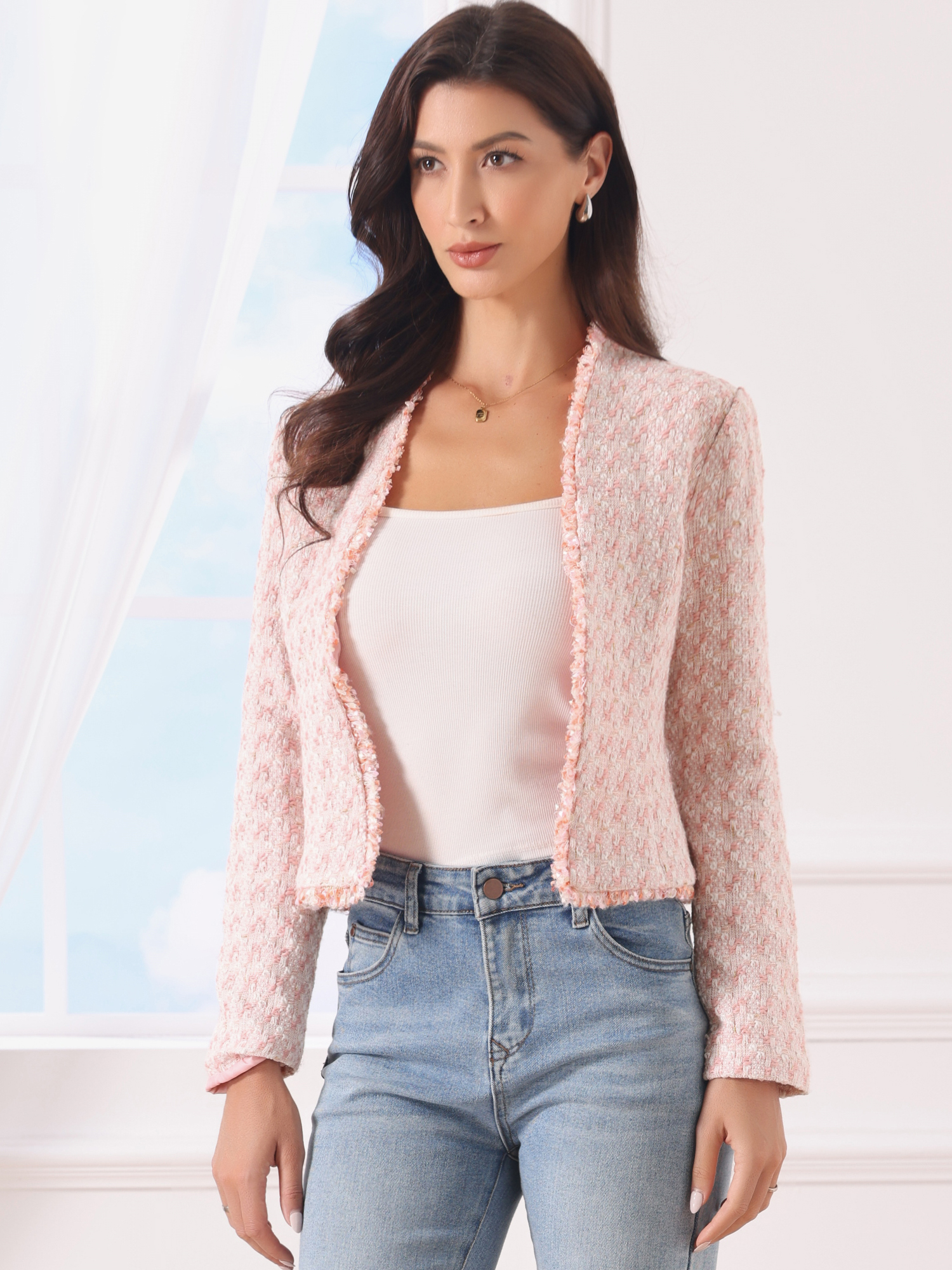 Plaid Tweed Long Sleeve Open Front Work Office Jacket Pink/S