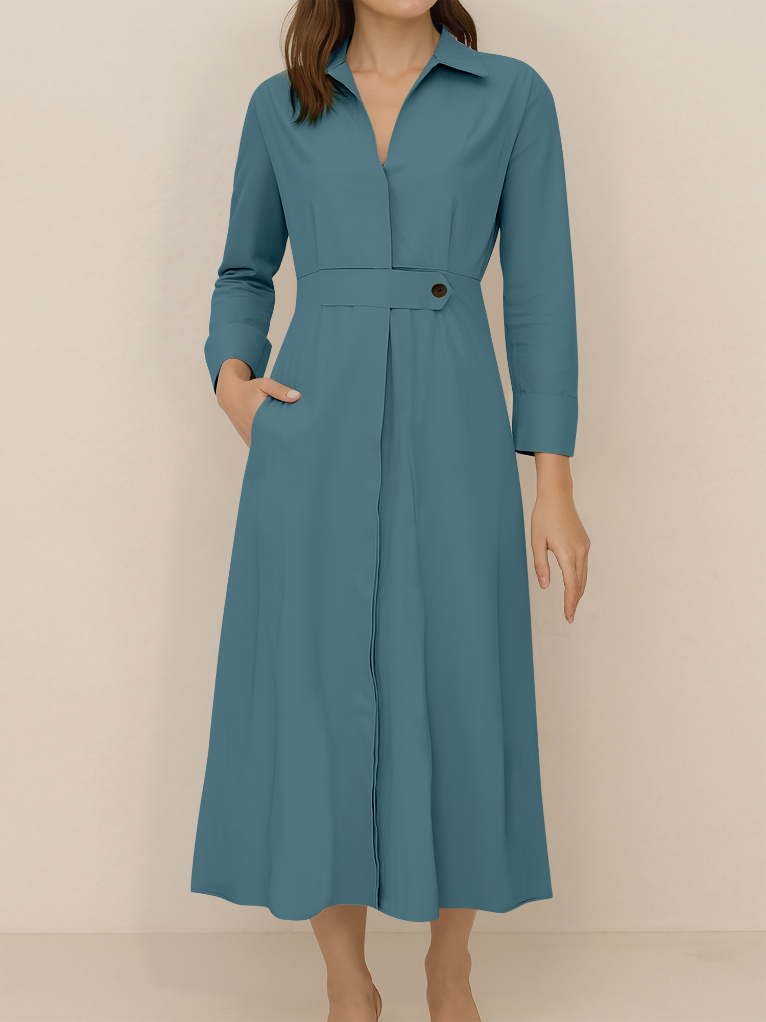 Solid Color Collared Long Sleeve Pockets Slit Dress Sky Blue/XS