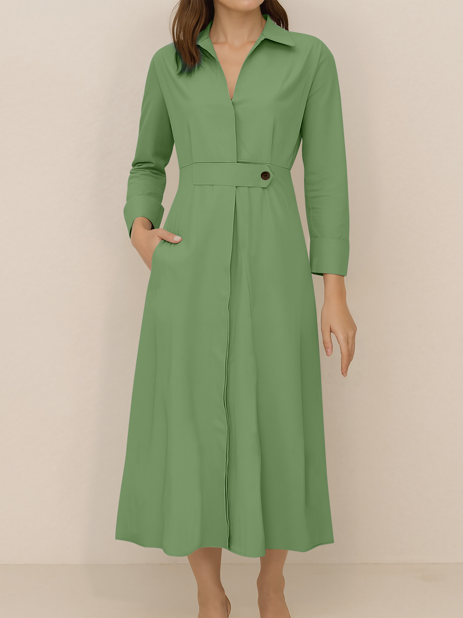 Solid Color Collared Long Sleeve Pockets Slit Dress Green/XS