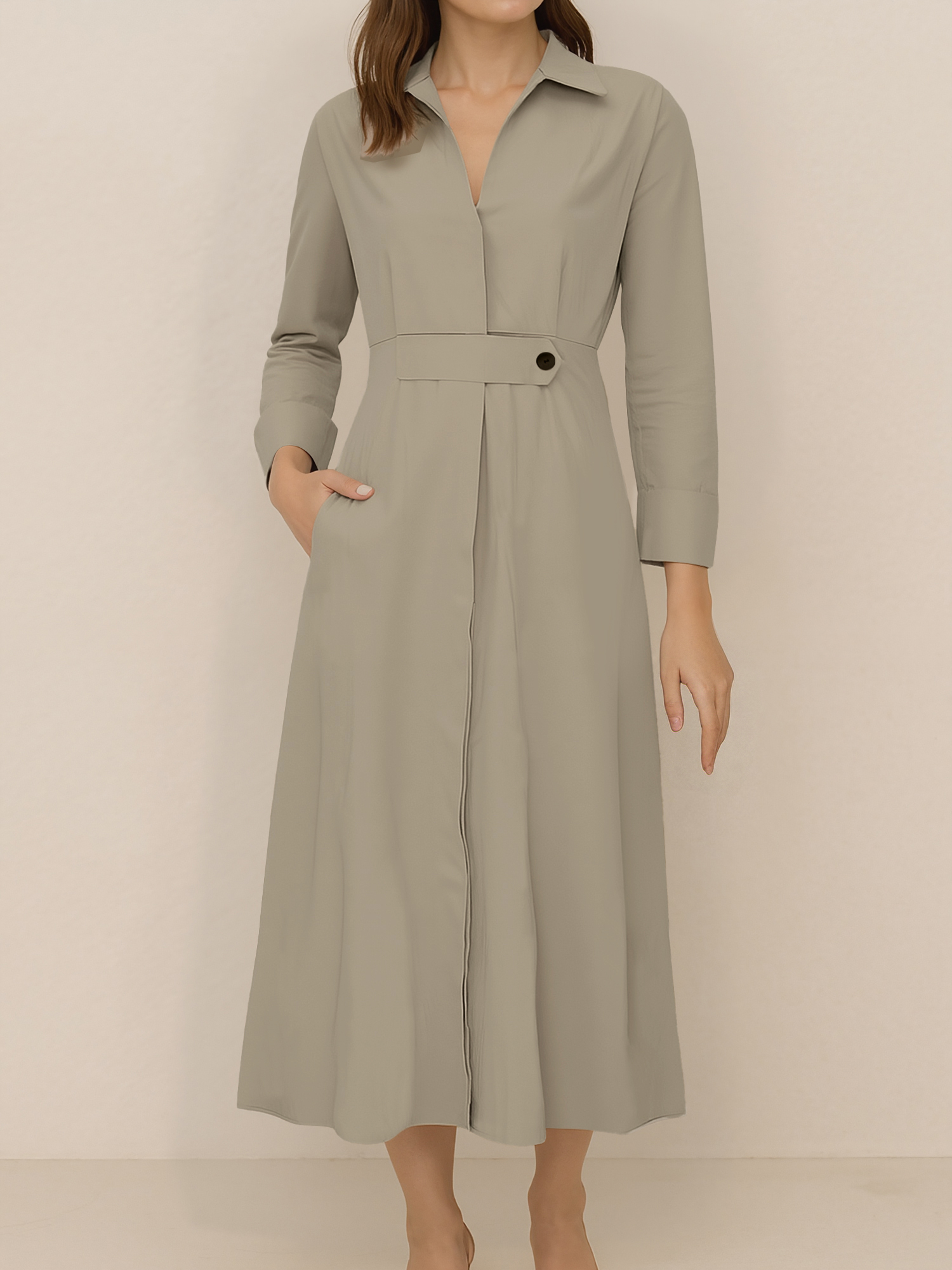 Solid Color Collared Long Sleeve Pockets Slit Dress Apricot/S