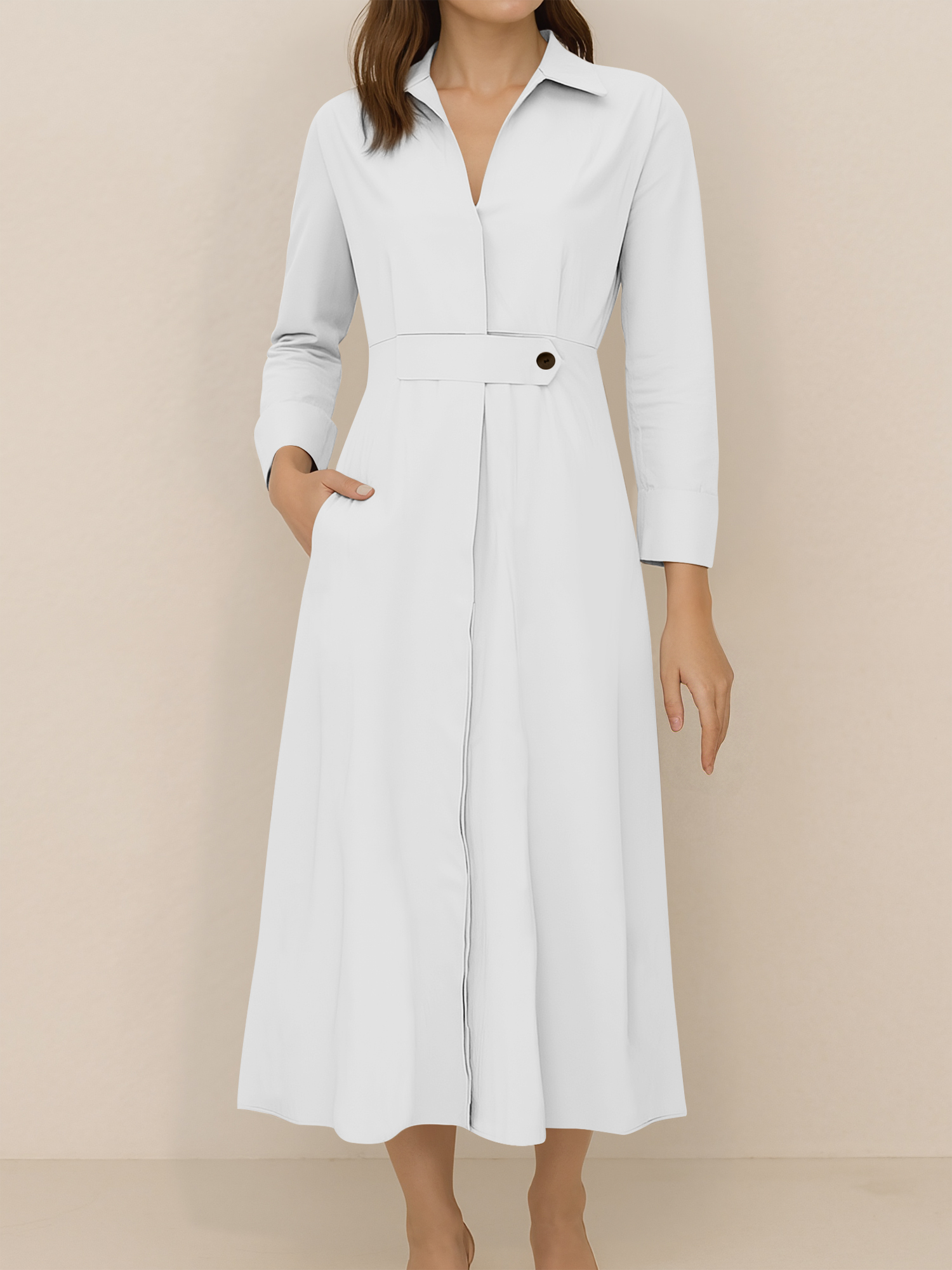 Solid Color Collared Long Sleeve Pockets Slit Dress White/XS