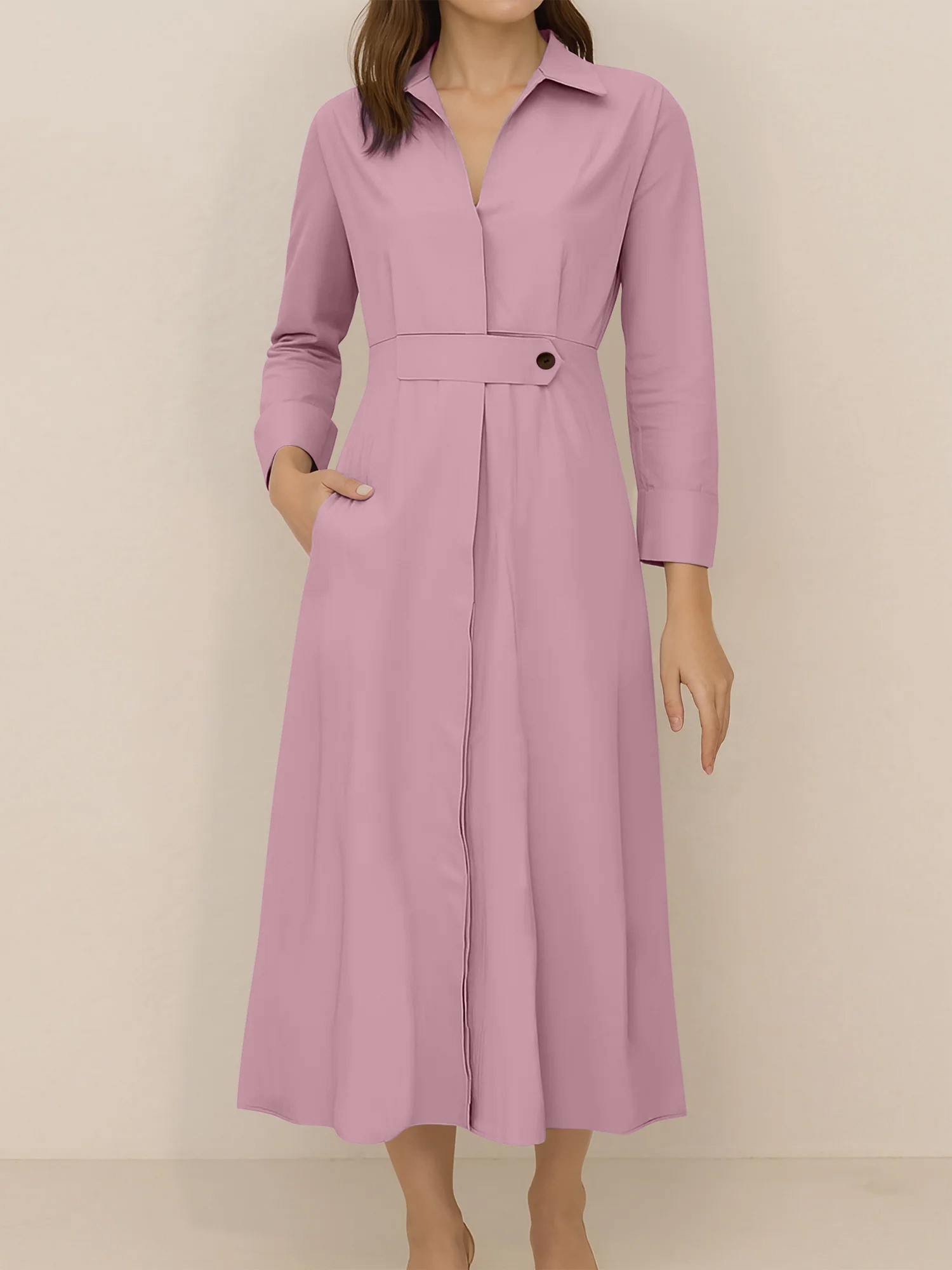 Solid Color Collared Long Sleeve Pockets Slit Dress Pink/L
