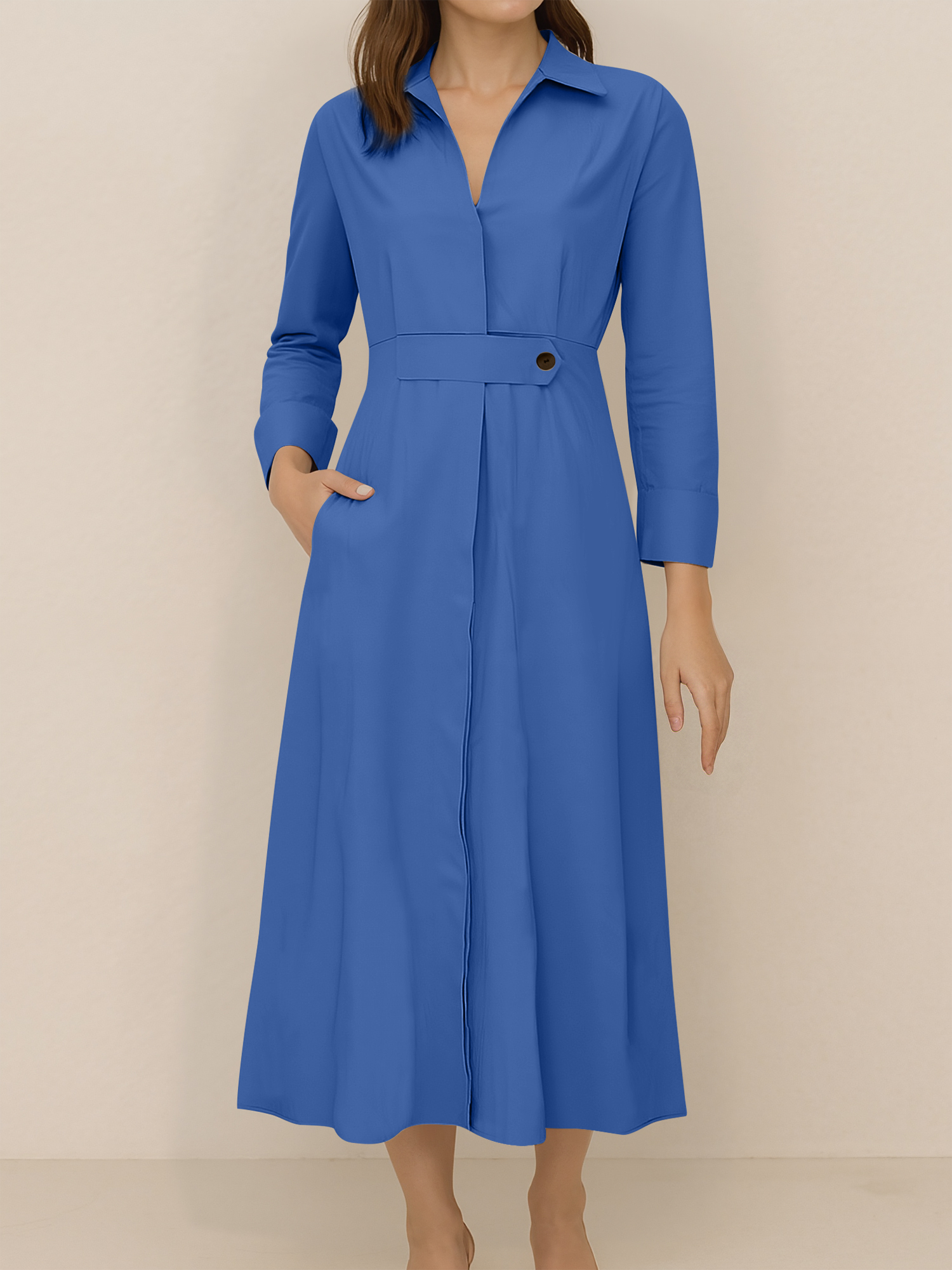Solid Color Collared Long Sleeve Pockets Slit Dress Blue/S