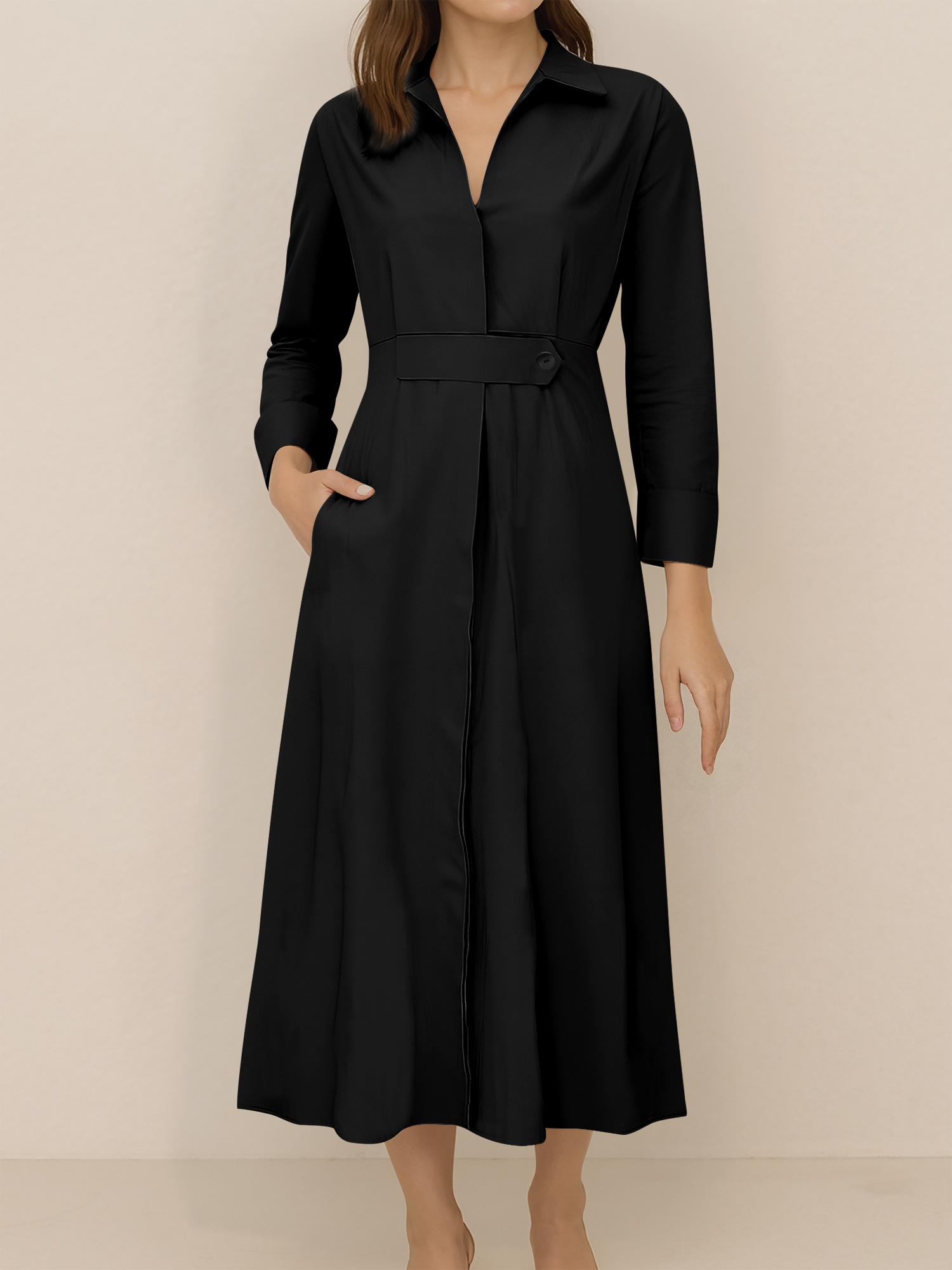 Solid Color Collared Long Sleeve Pockets Slit Dress Black/L