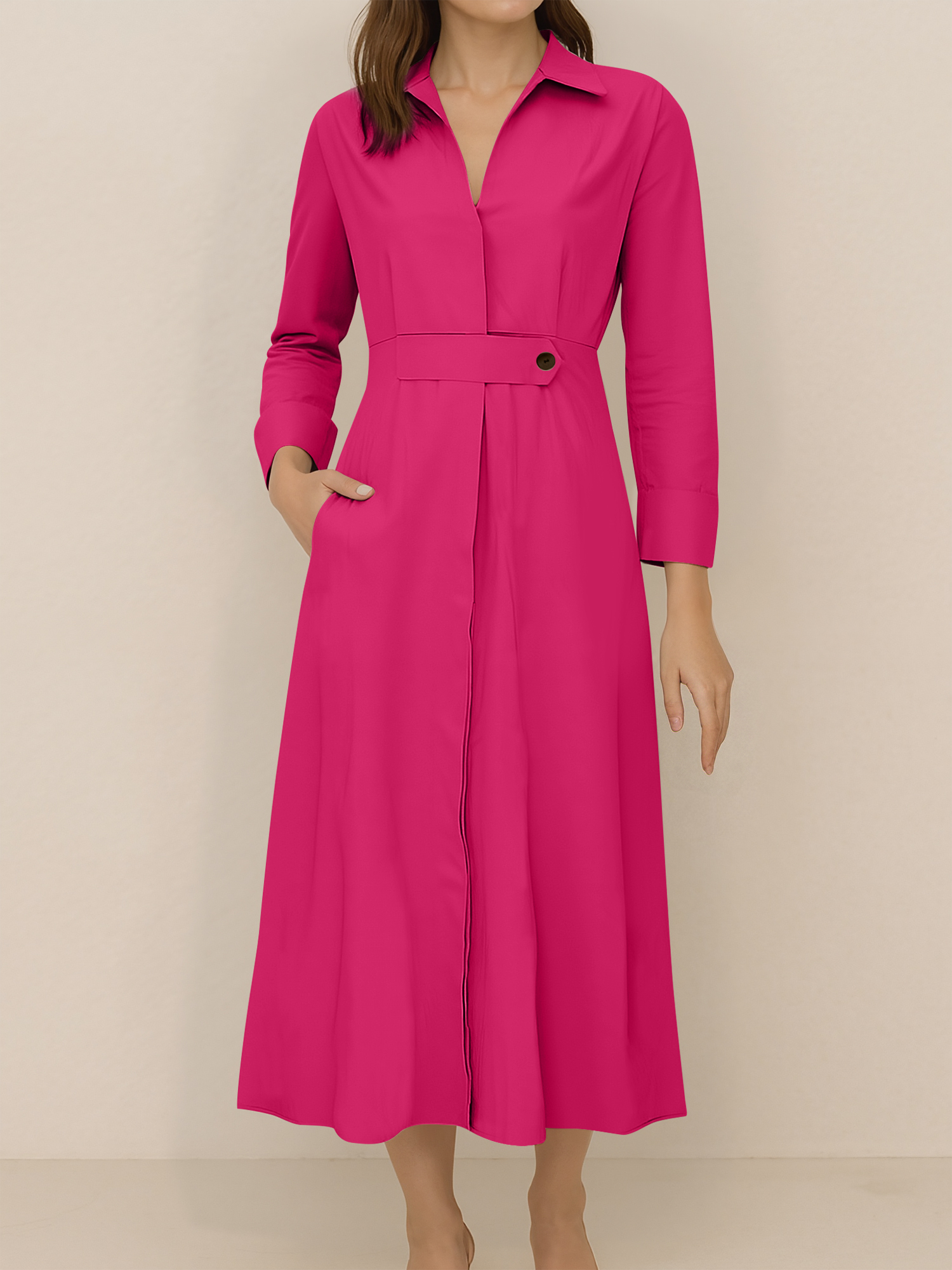 Solid Color Collared Long Sleeve Pockets Slit Dress Hot Pink/L