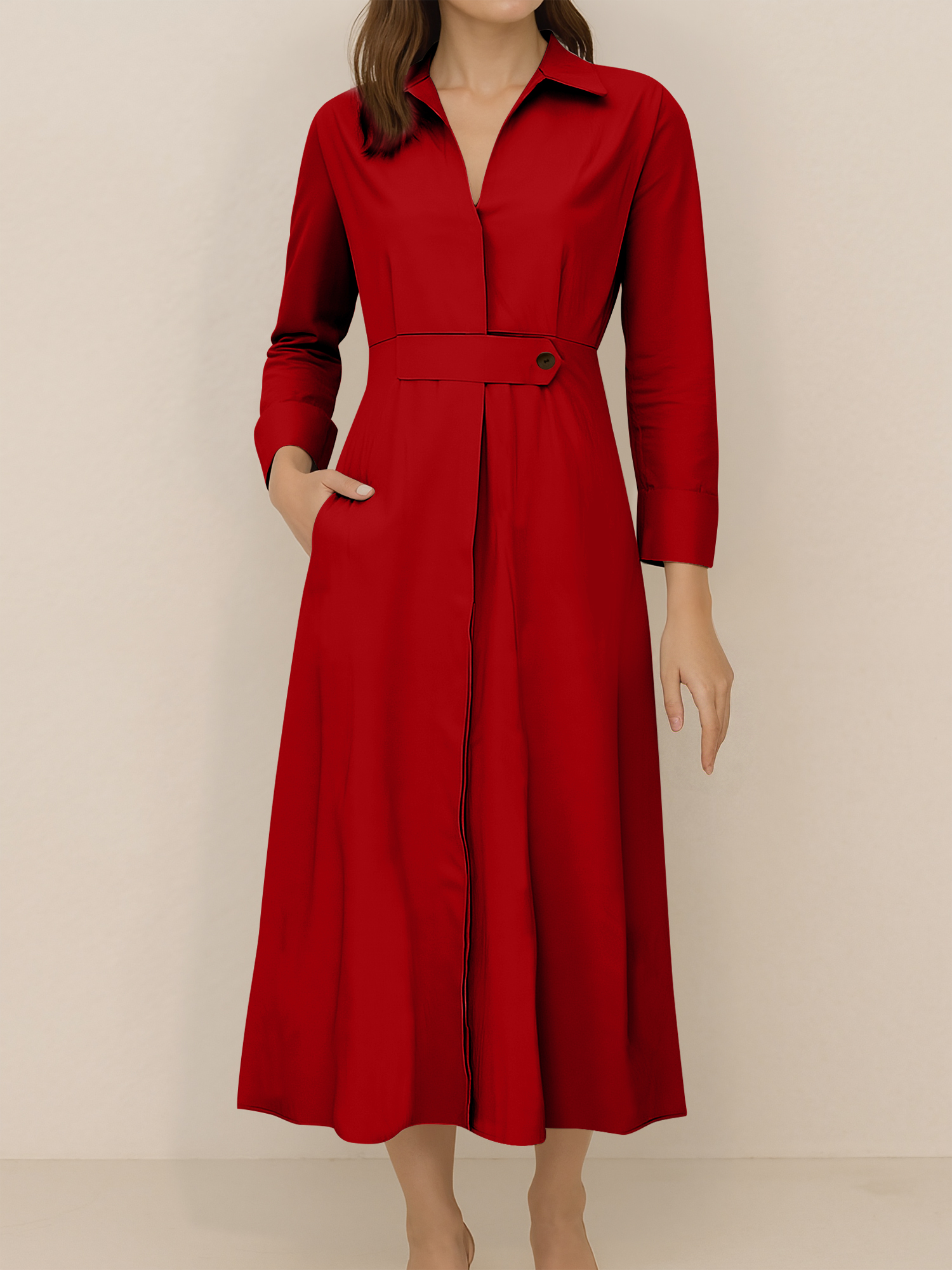 Solid Color Collared Long Sleeve Pockets Slit Dress Burgundy/M