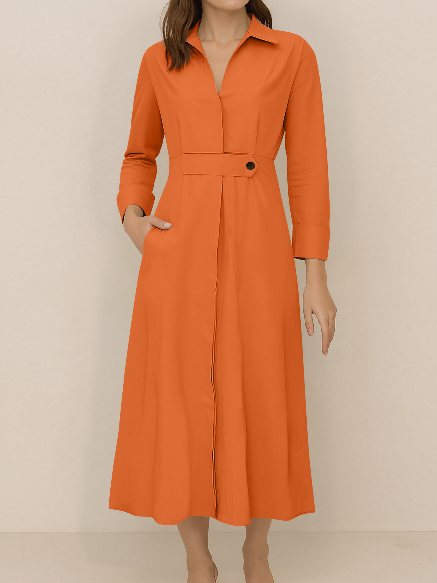Solid Color Collared Long Sleeve Pockets Slit Dress Orange/L