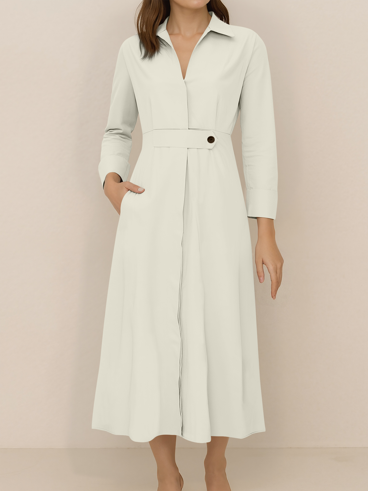 Solid Color Collared Long Sleeve Pockets Slit Dress Light Apricot/M