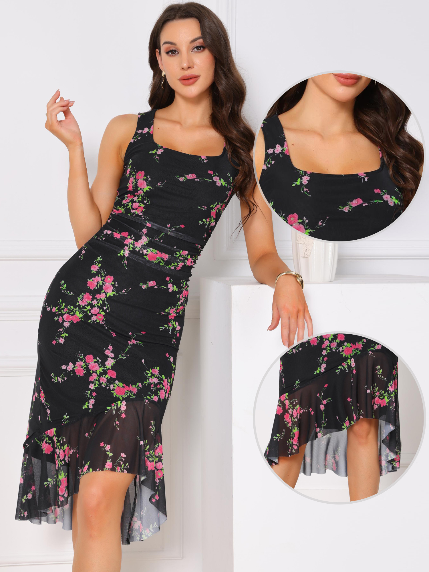 Floral Bodycon Sleeveless Square Neck Ruched Mesh Fishtail Dress Black/XS