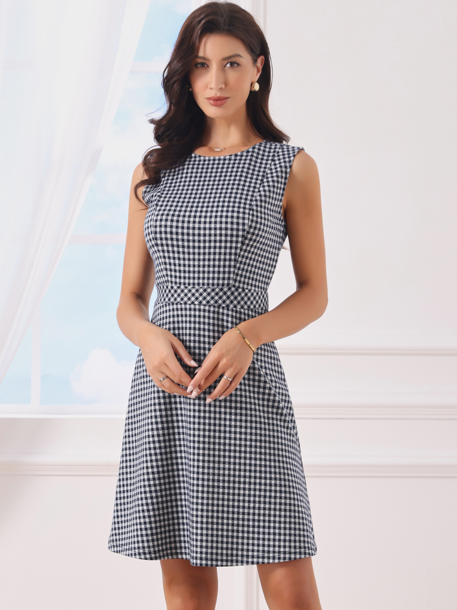 Plaid Sleeveless Fit and Flare Houndstooth Work Dress Deep Blue/XS