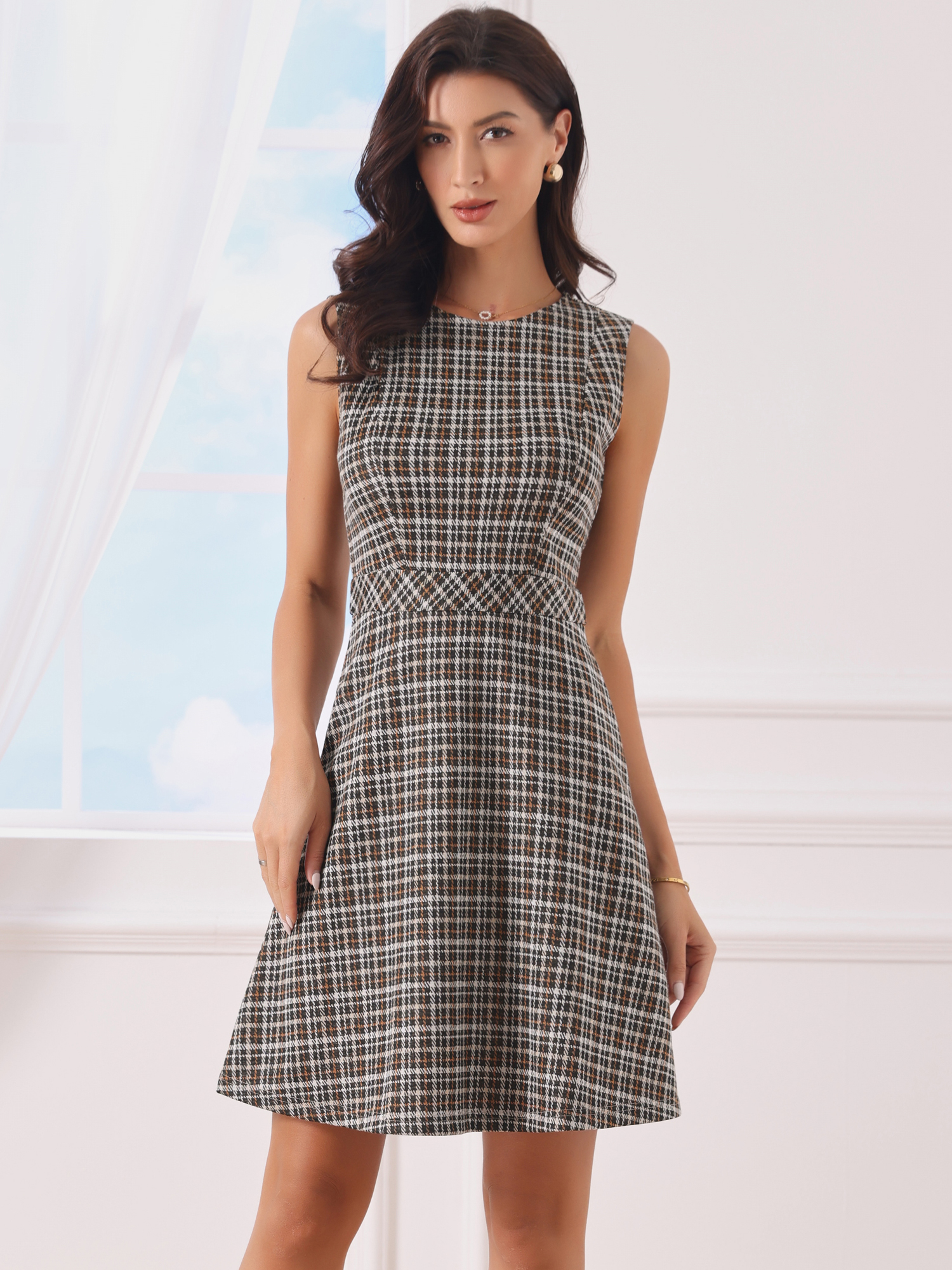 Plaid Sleeveless Fit and Flare Houndstooth Work Dress Brown White/XL