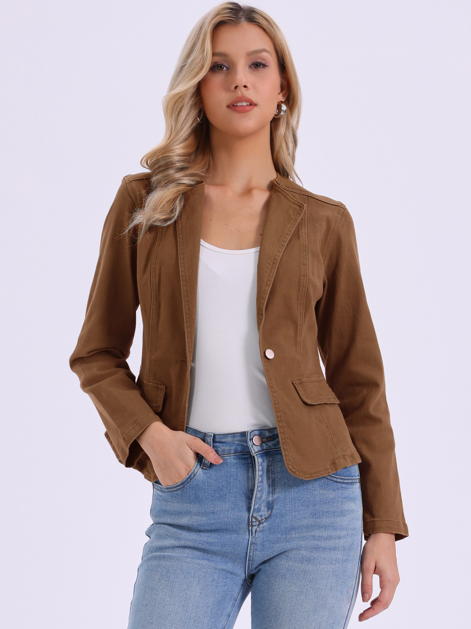 Lapel Collar Long Sleeve One Button Denim Blazer Jean Jacket Brown/L