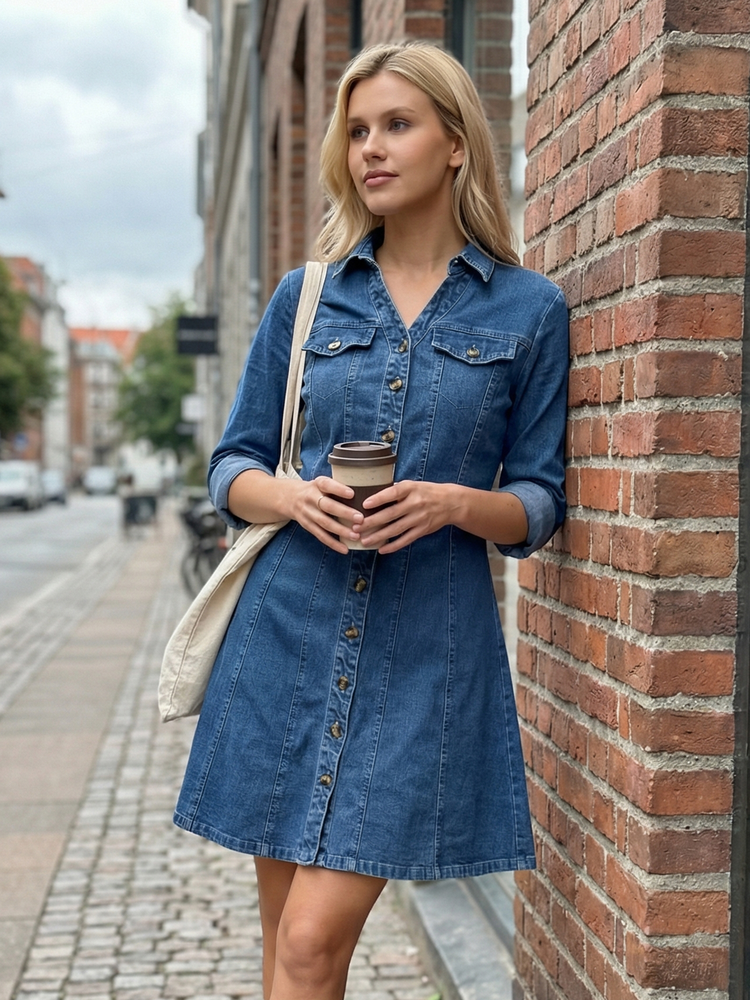 Button Down Collar V Neck Long Sleeve A-line Jean Denim Dress Dark Blue/M
