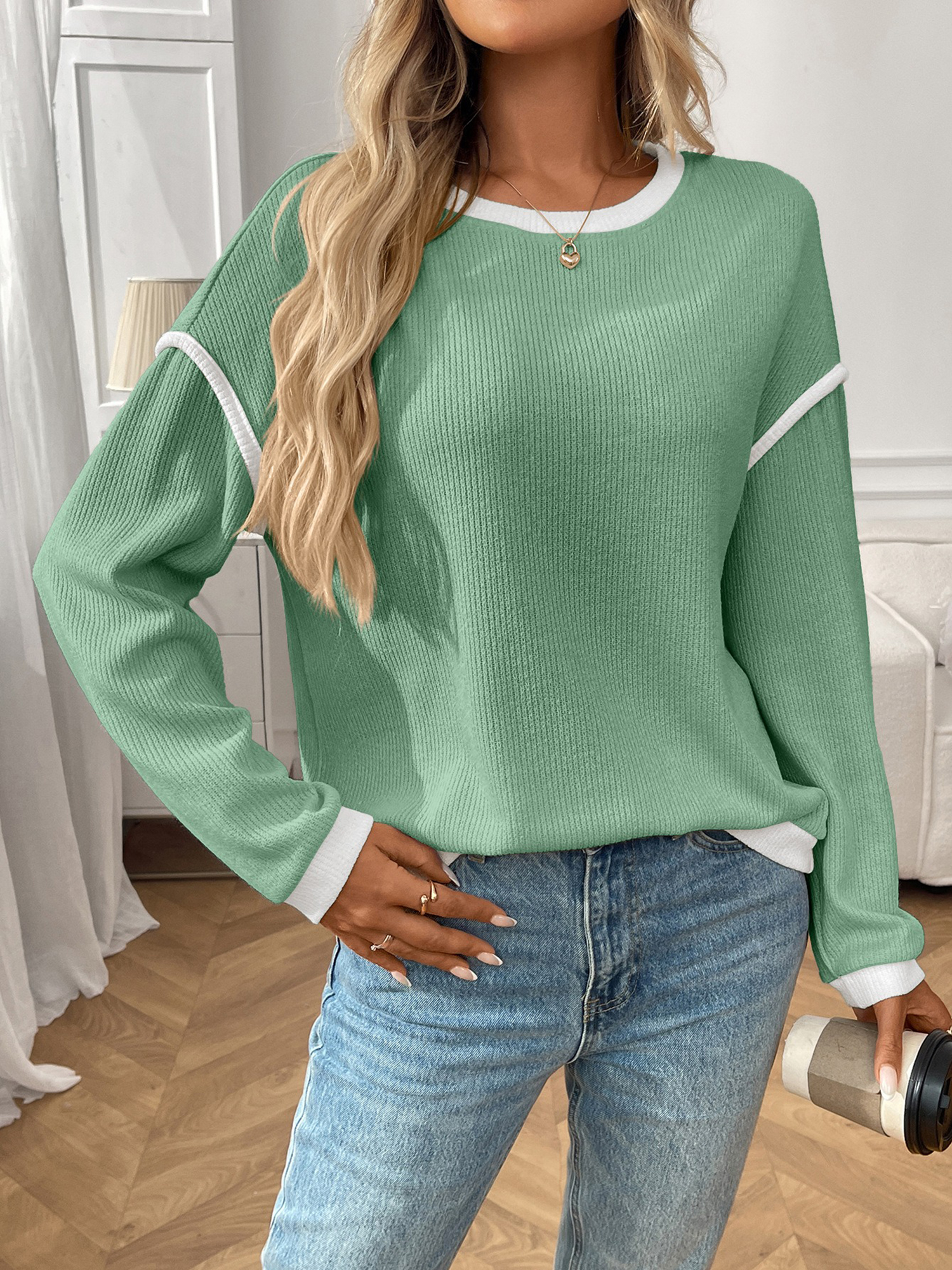 Round Neck Long Sleeves Colorblock Tops Light Green/2XL