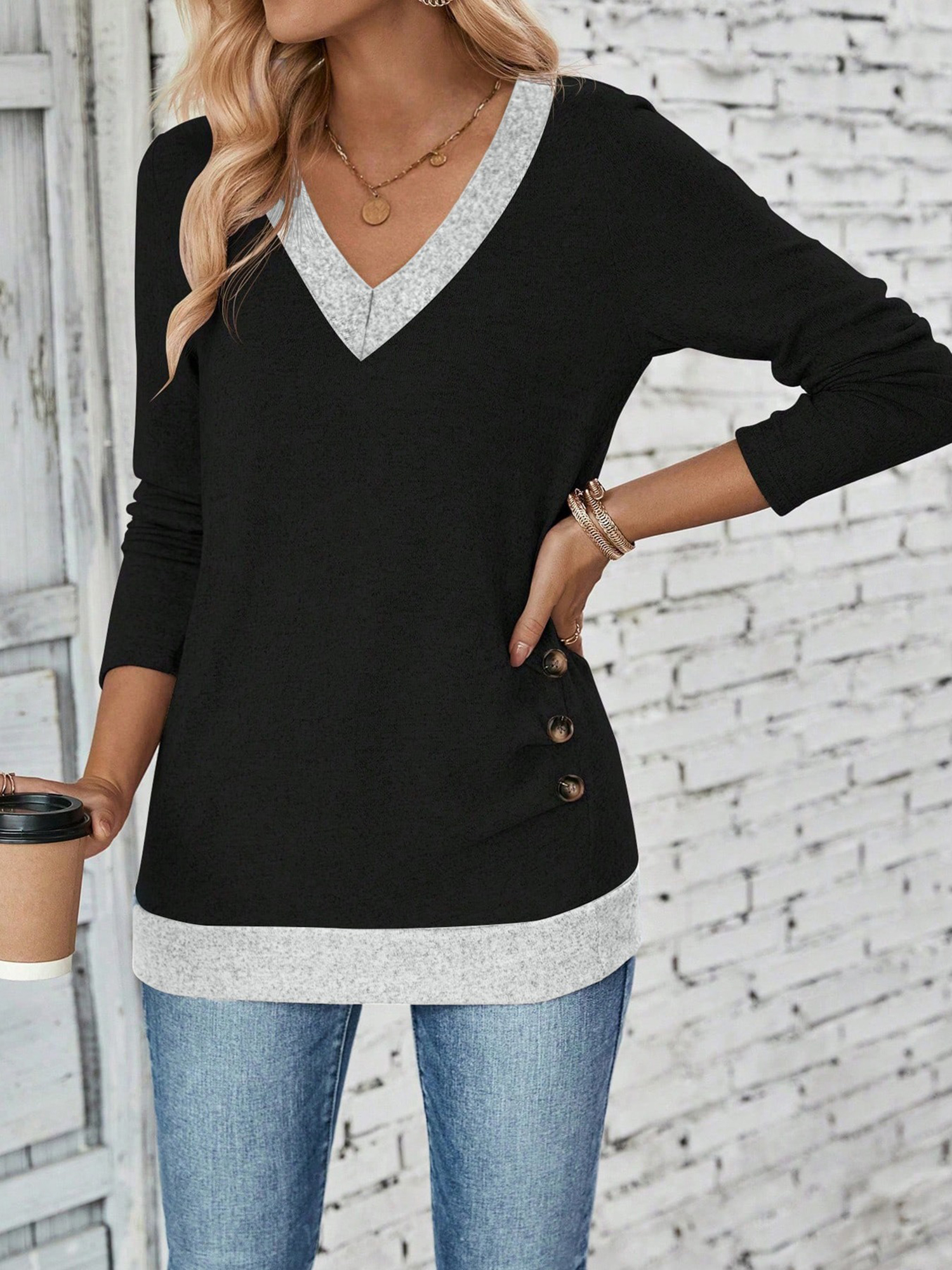V Neck Colorblock Button Decor Casual Blouse Black/M