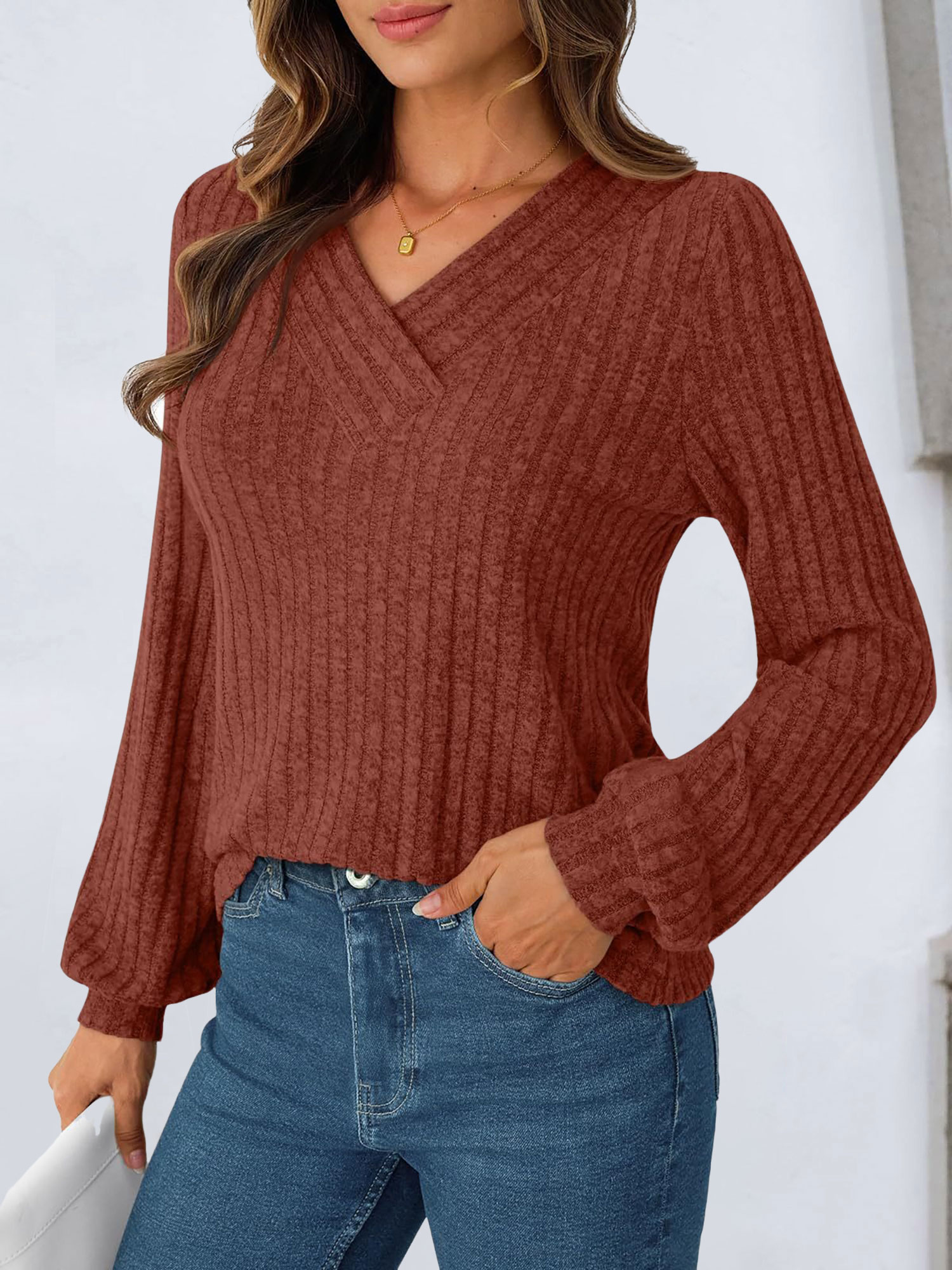 Solid Color V Neck Long Sleeve Textured Top Caramel/XL