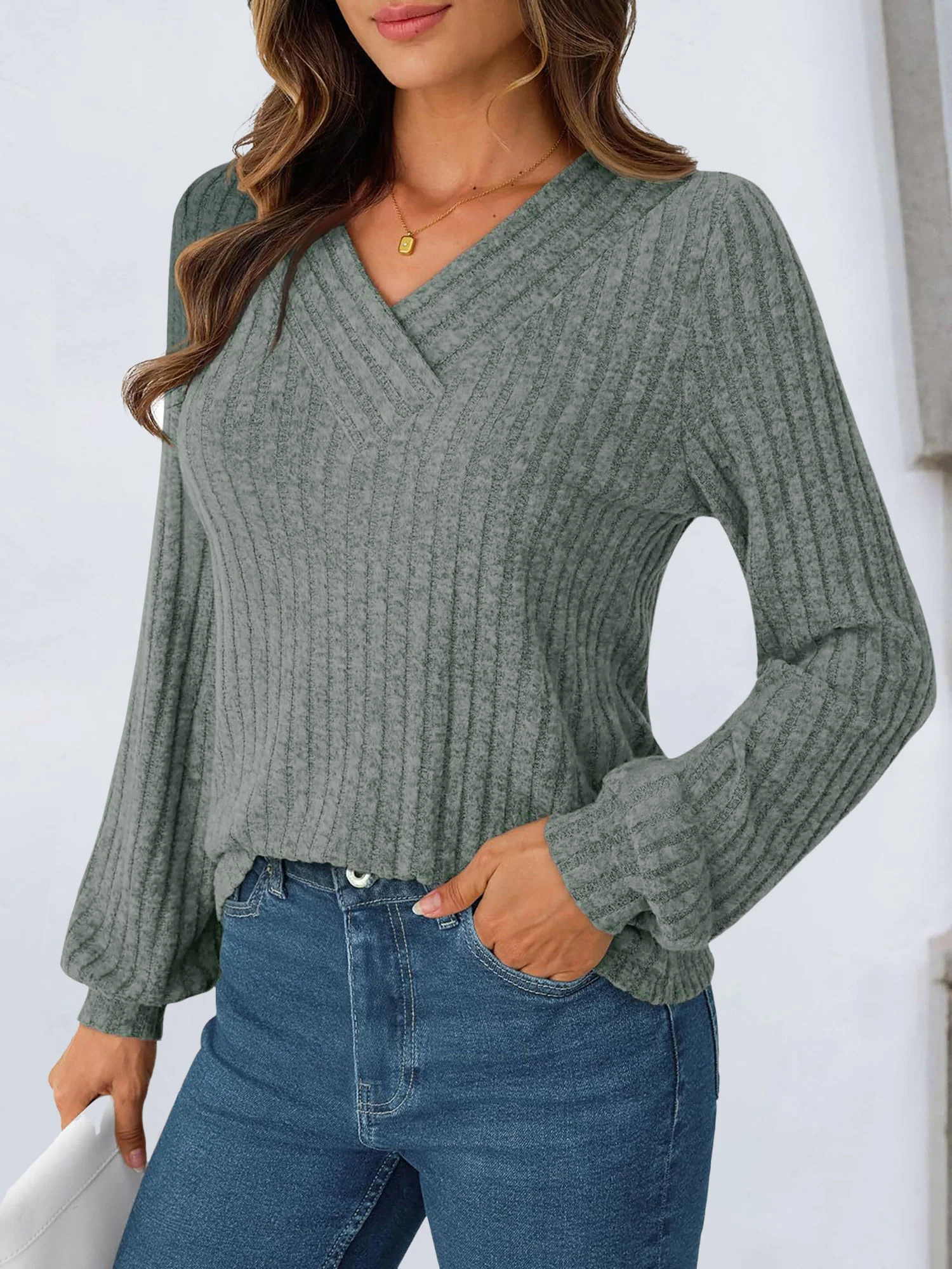 Solid Color V Neck Long Sleeve Textured Top Green/S