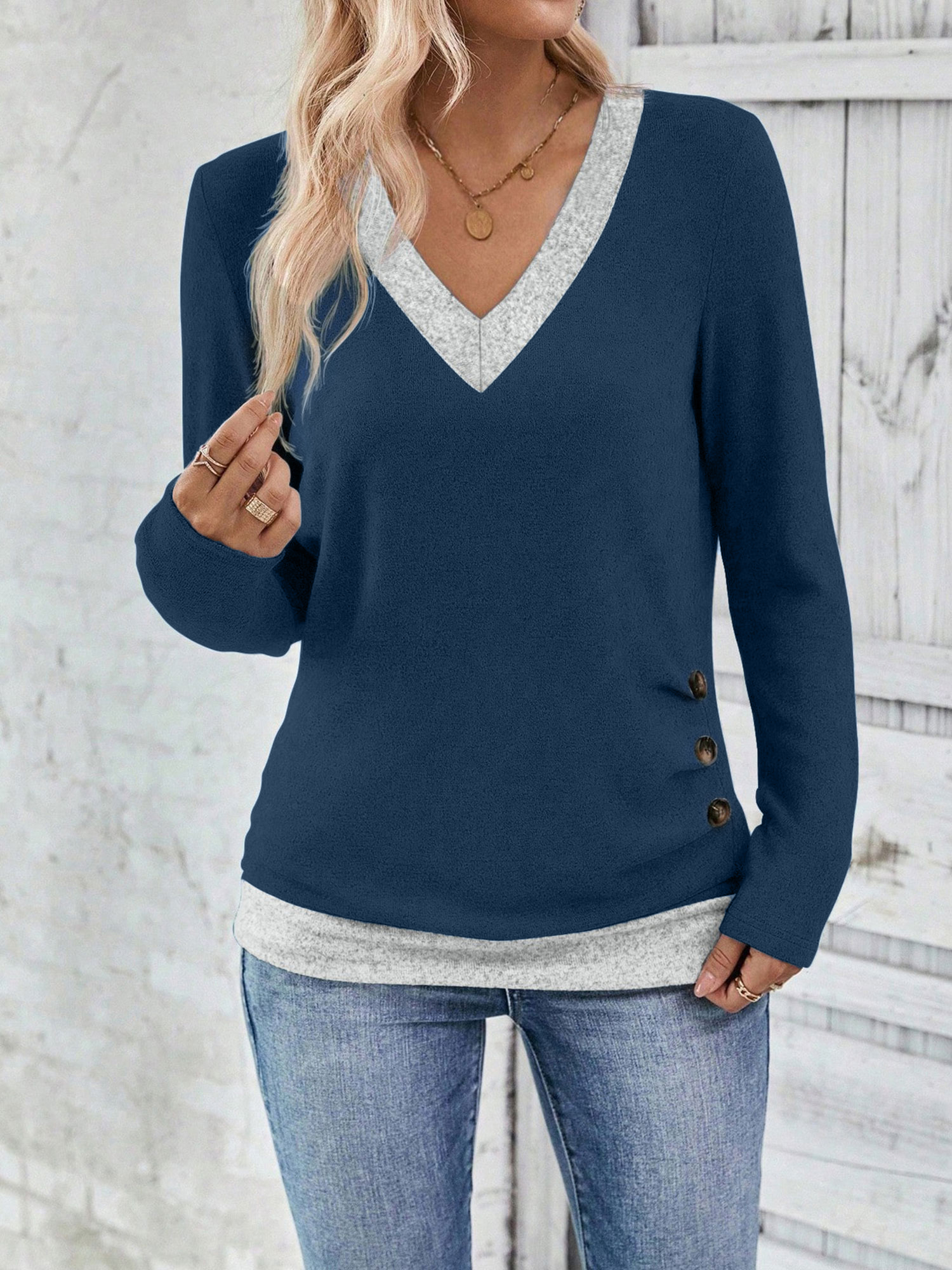 V Neck Colorblock Button Decor Casual Blouse Navy Blue/XL