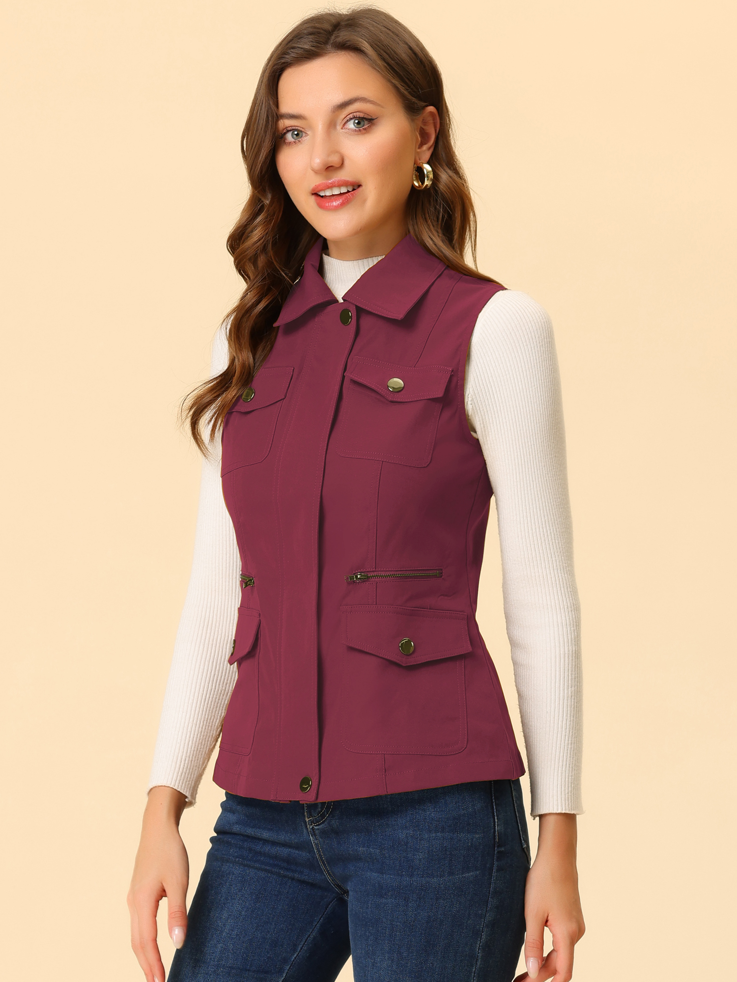 Zip Up Pockets Sleeveless Cargo Jacket Utility Vest Deep Red/M