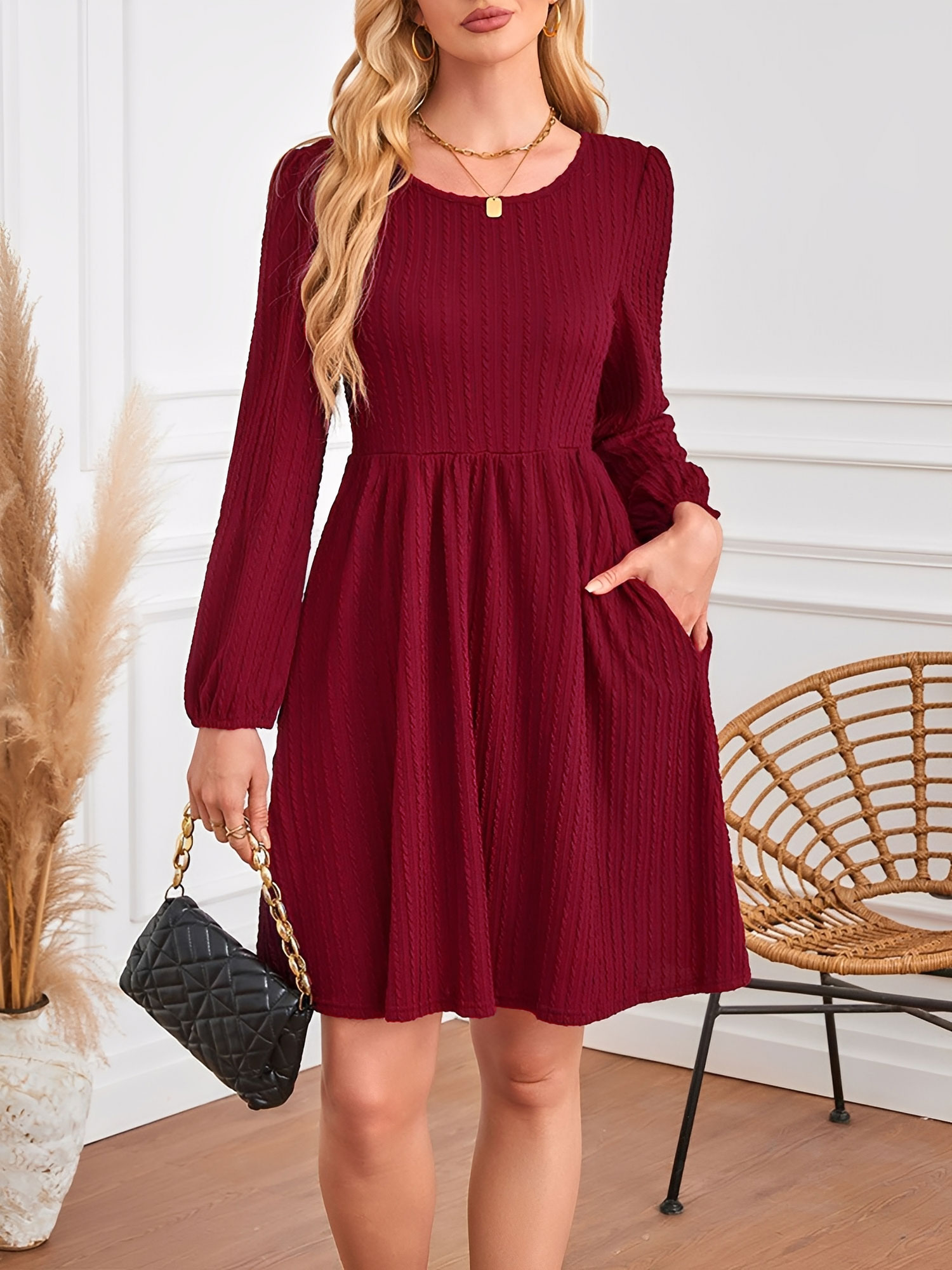 Round Neck Pockets Long Sleeve Textured A-Line Dress Burgundy/M