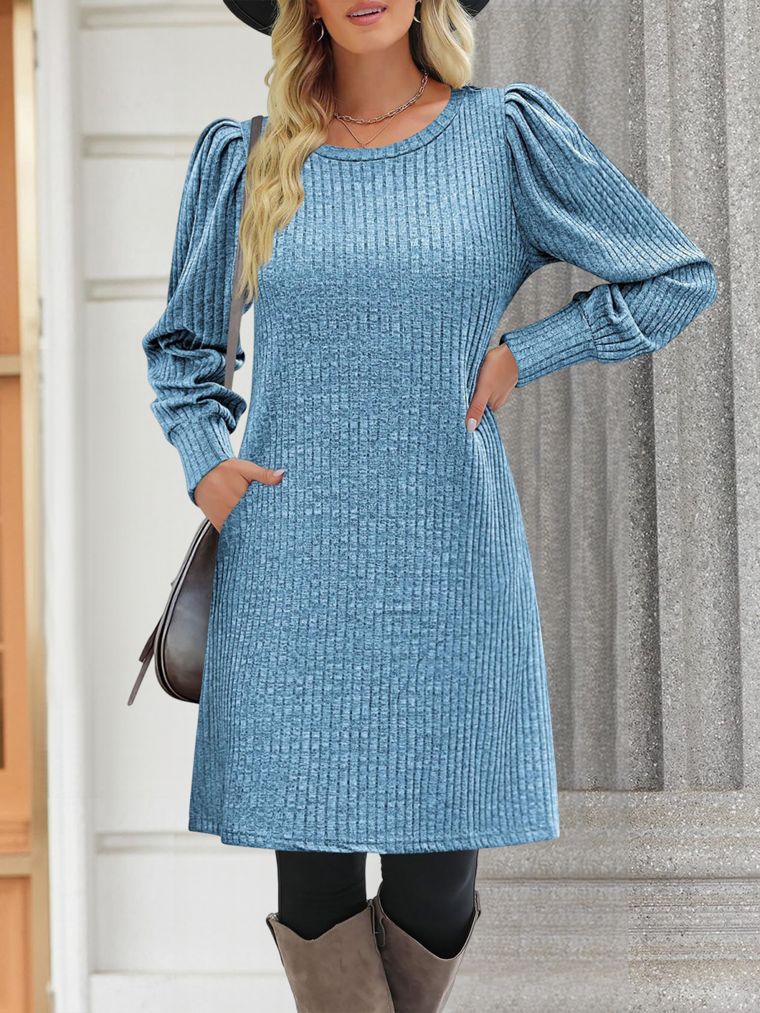 Solid Color Round Neck Puff Sleeve Pockets Midi Dress Blue/XS
