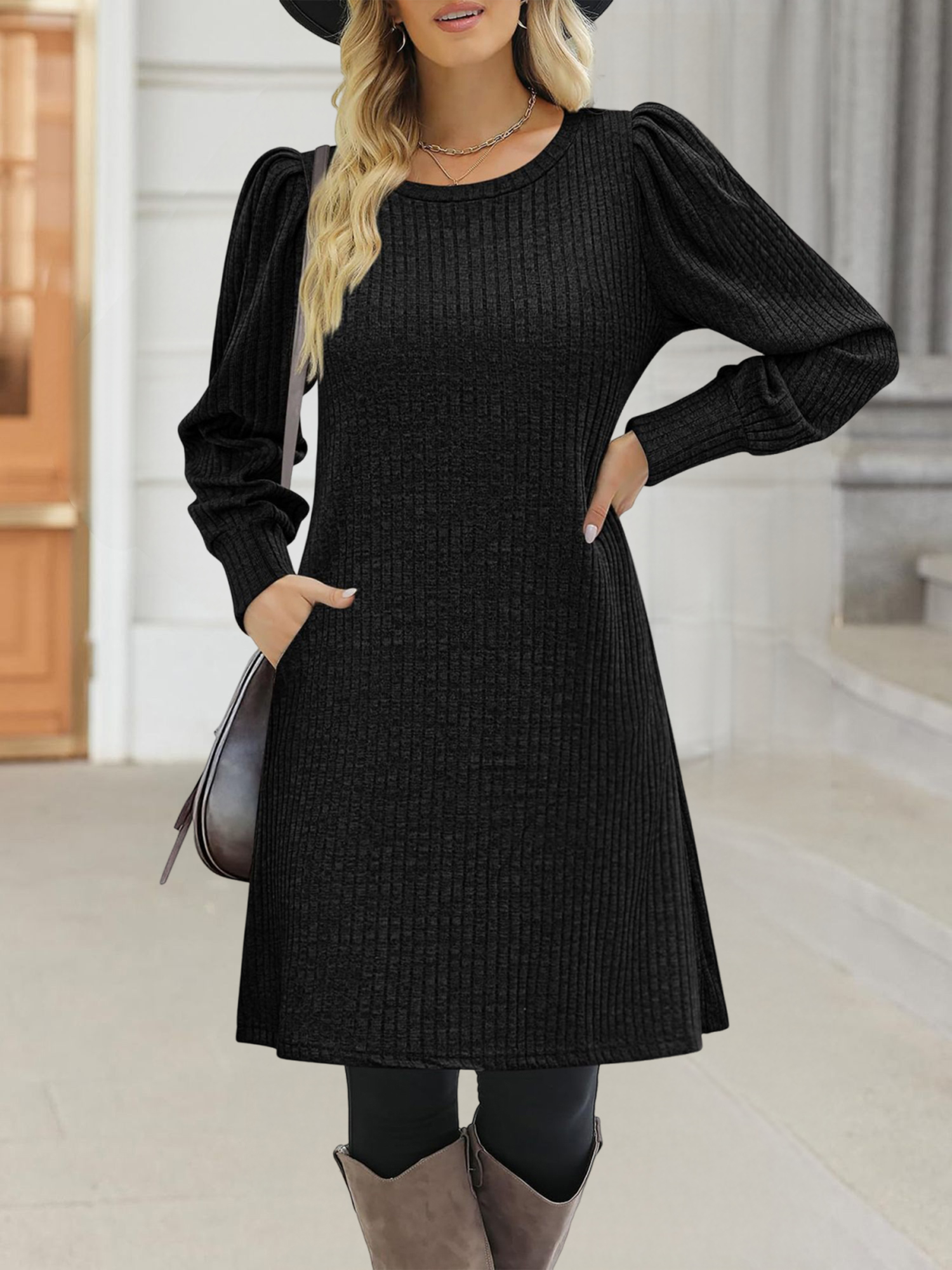 Solid Color Round Neck Puff Sleeve Pockets Midi Dress Black/XL