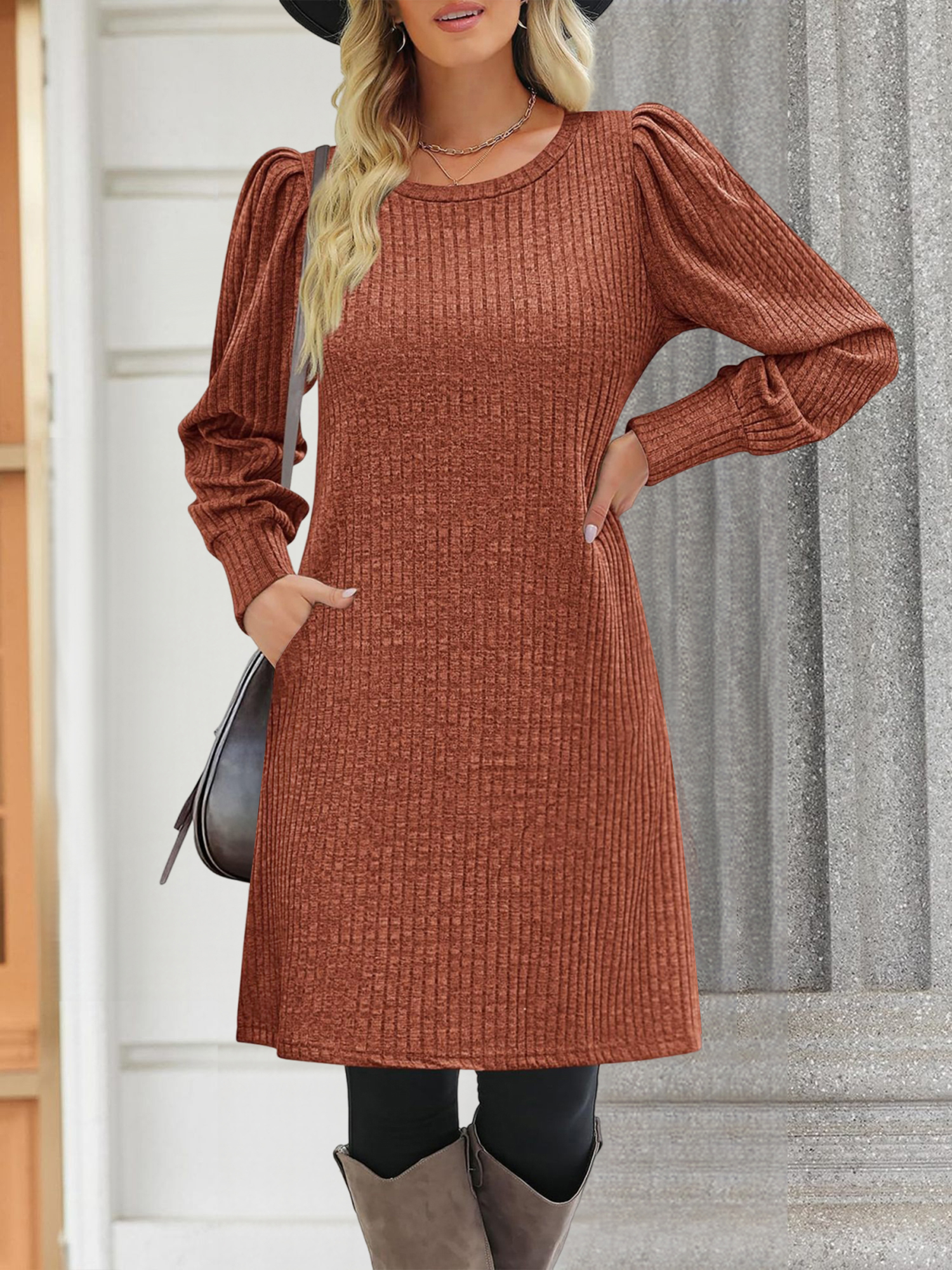 Solid Color Round Neck Puff Sleeve Pockets Midi Dress Brick Red/XS