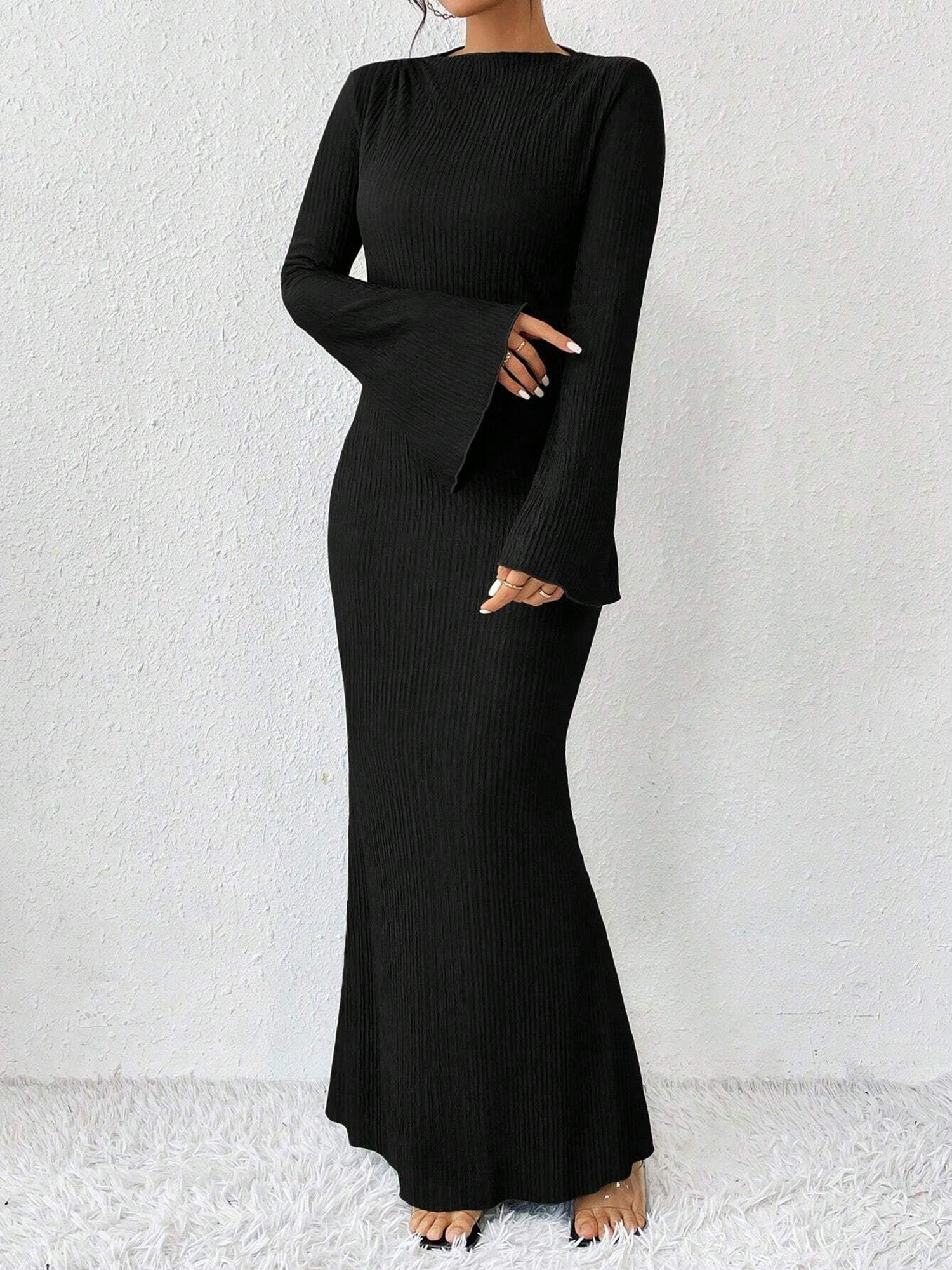 Boat Neck Trumpet Long Sleeve Textured Maxi Dress Black/L