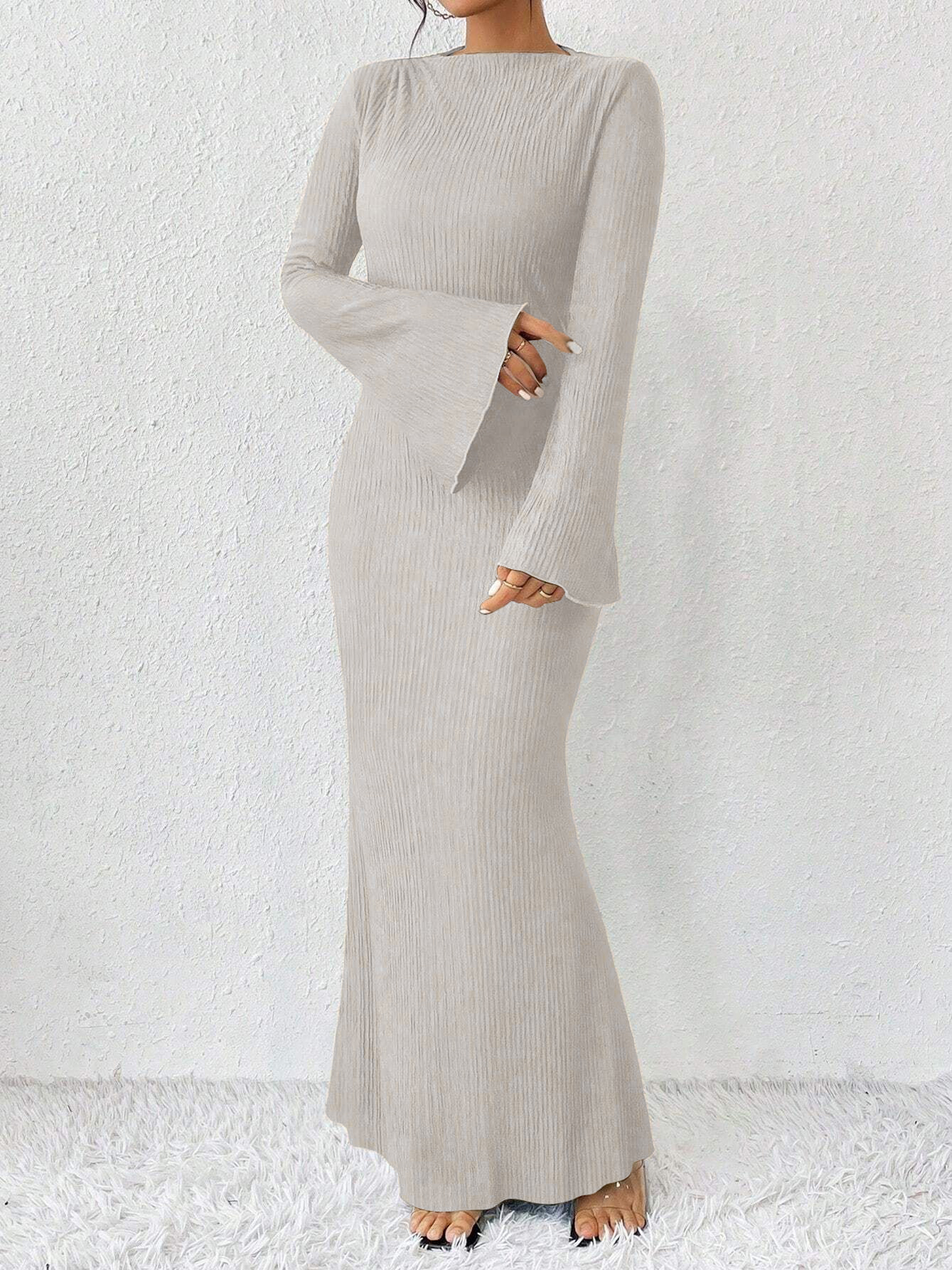 Boat Neck Trumpet Long Sleeve Textured Maxi Dress Apricot/M