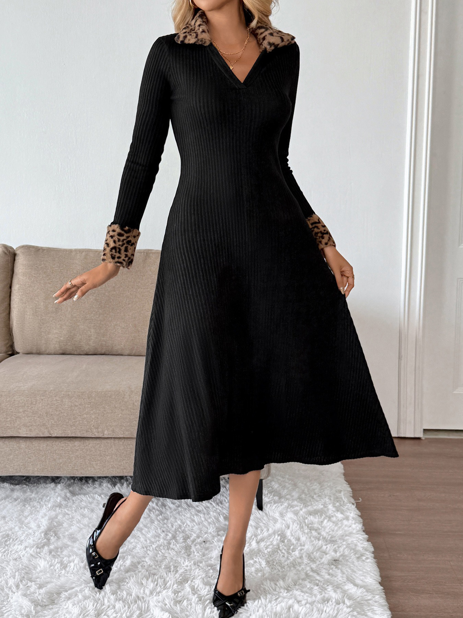 Faux Fur Leopard Patchwork Textured Midi Dress Black/S