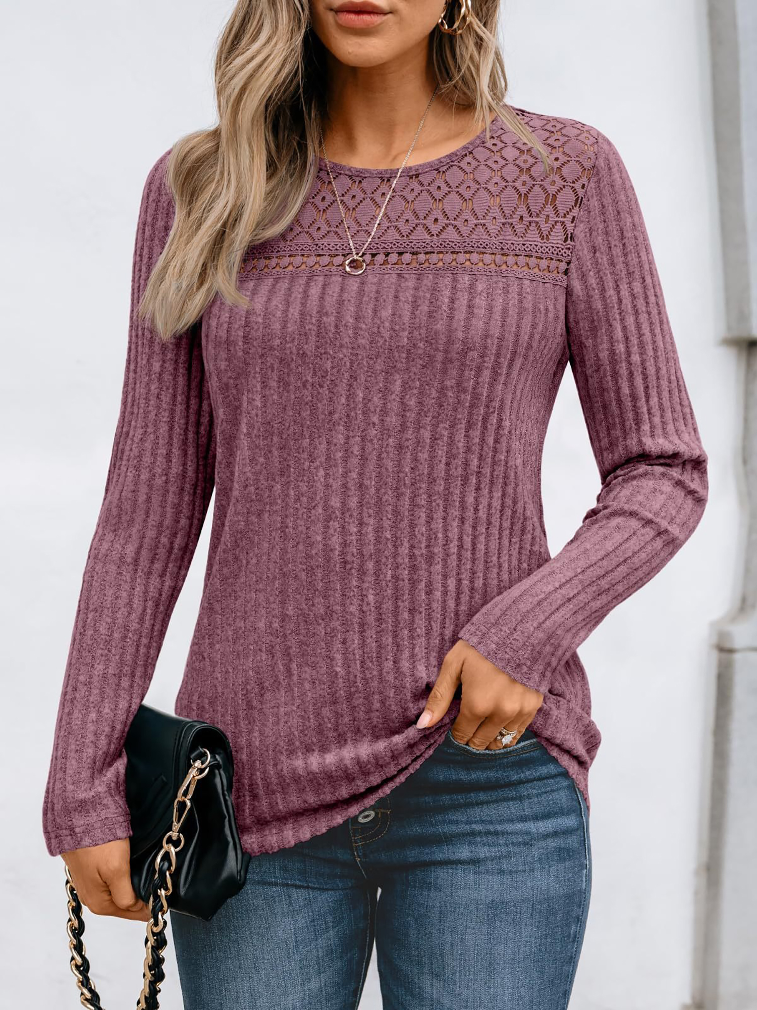 Round Neck Long Sleeves Casual Eyelet Blouse Purple/2XL