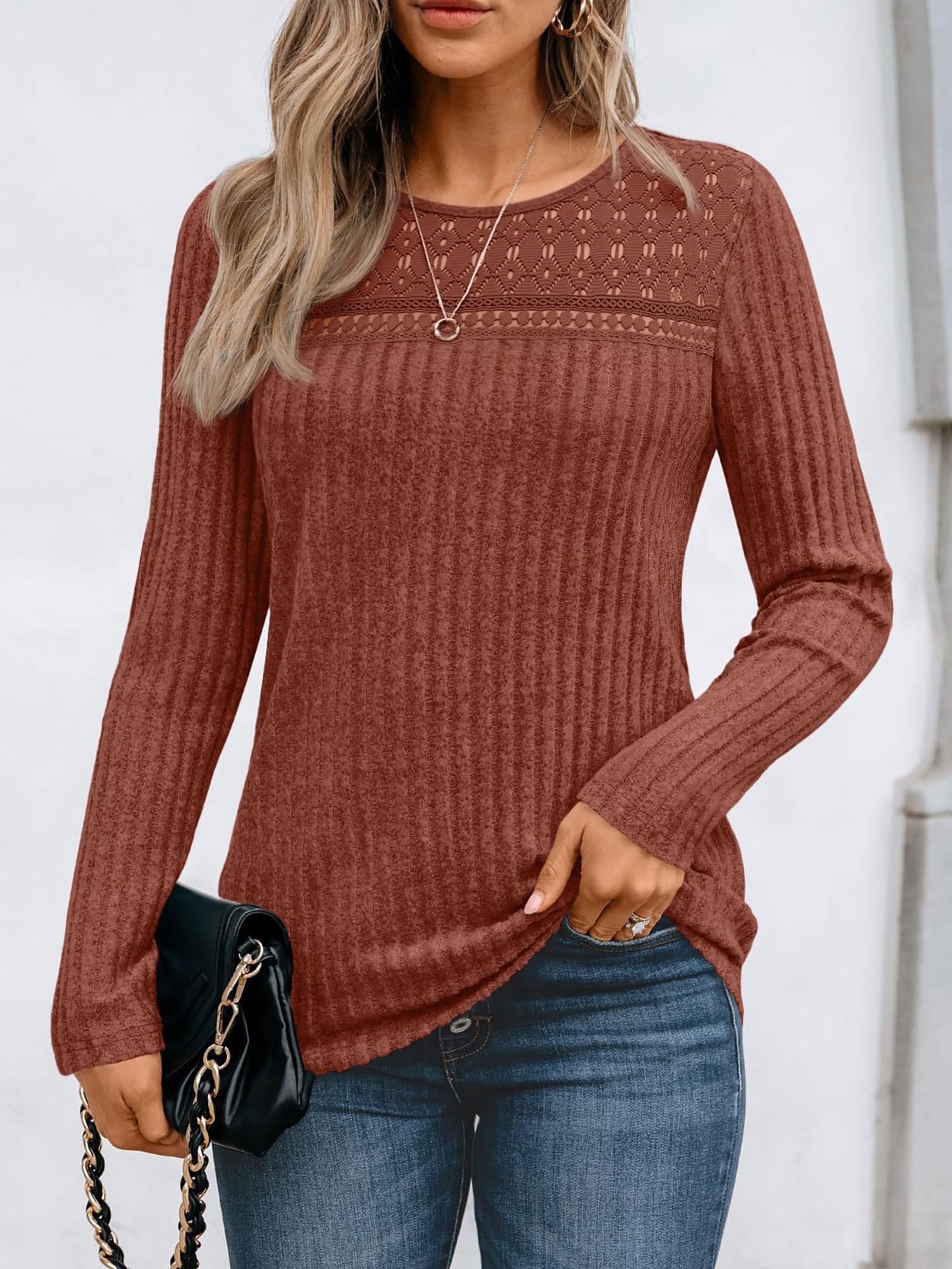 Round Neck Long Sleeves Casual Eyelet Blouse Caramel/L