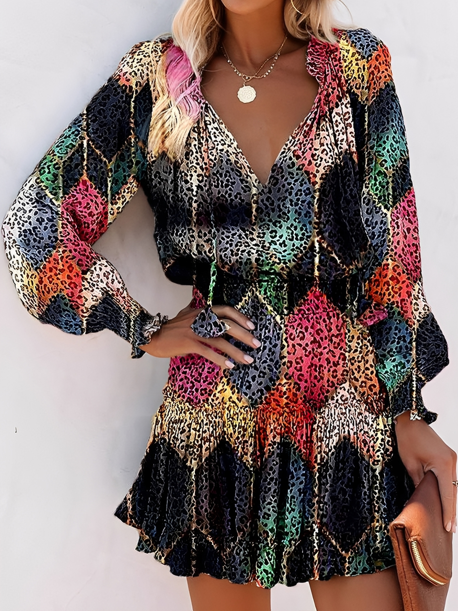 Leopard V Neck Smocked Ruffled Tiered Mini Dress Black/S