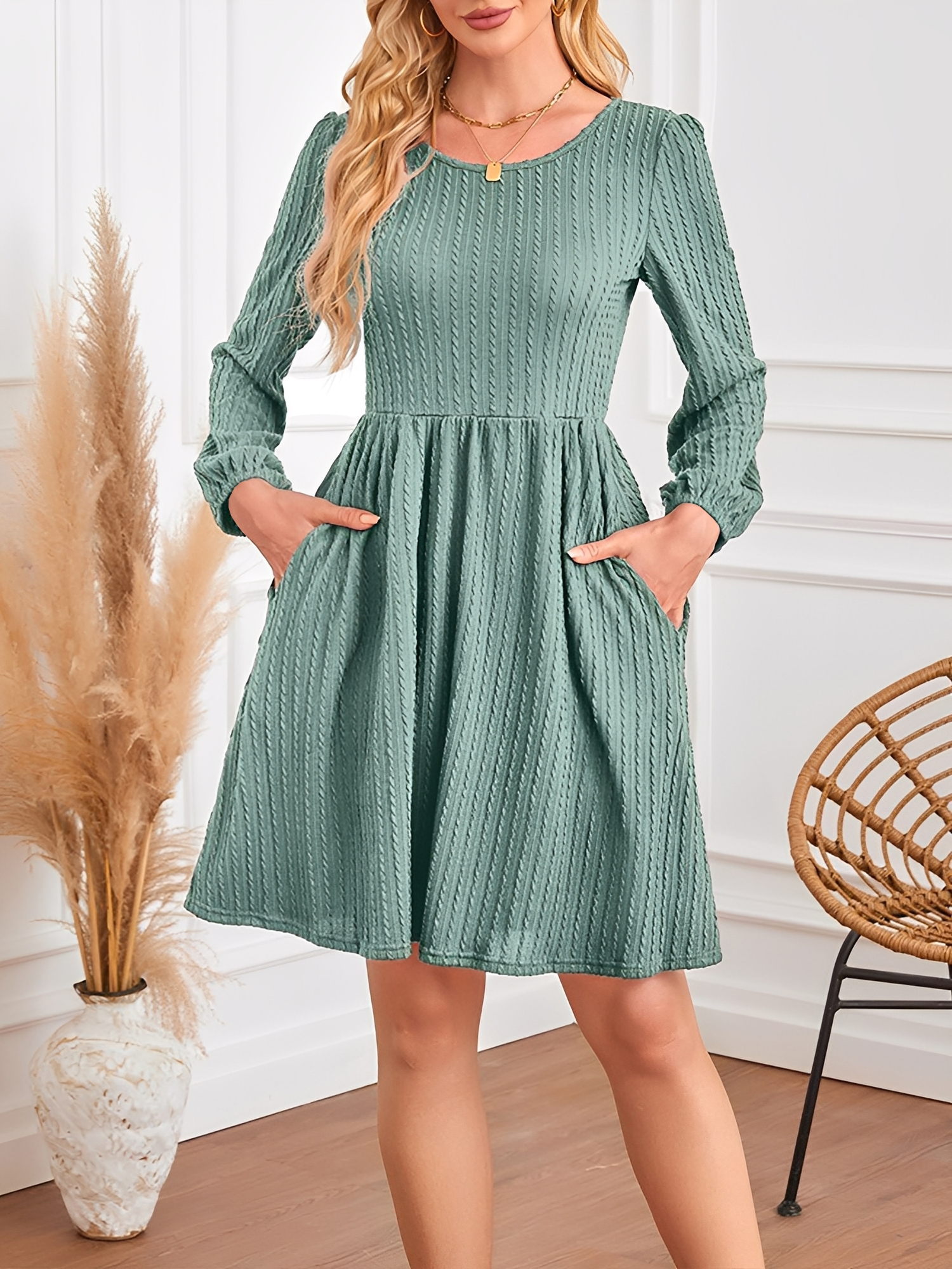 Round Neck Pockets Long Sleeve Textured A-Line Dress Green/XS