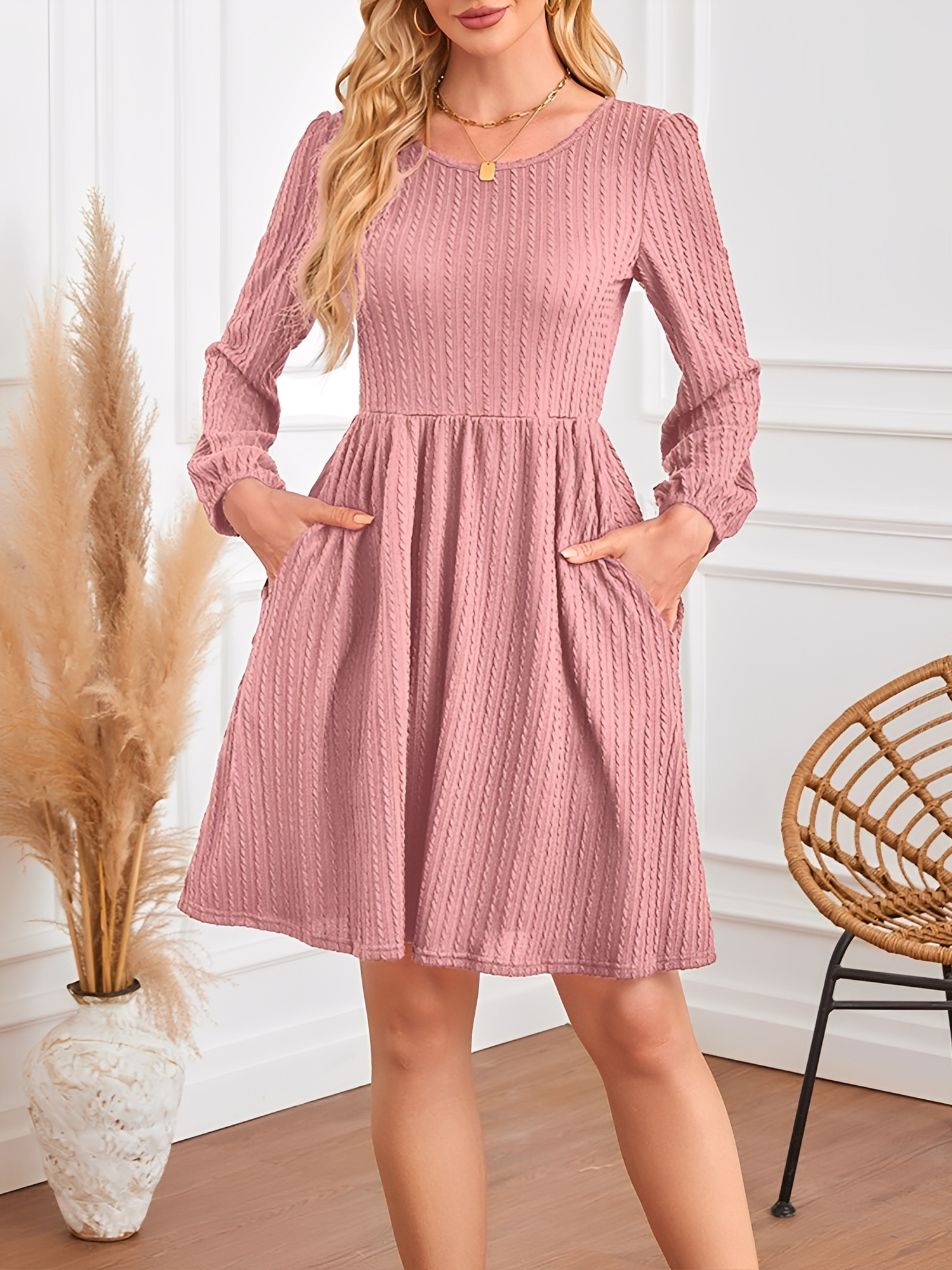 Round Neck Pockets Long Sleeve Textured A-Line Dress Pink/XL