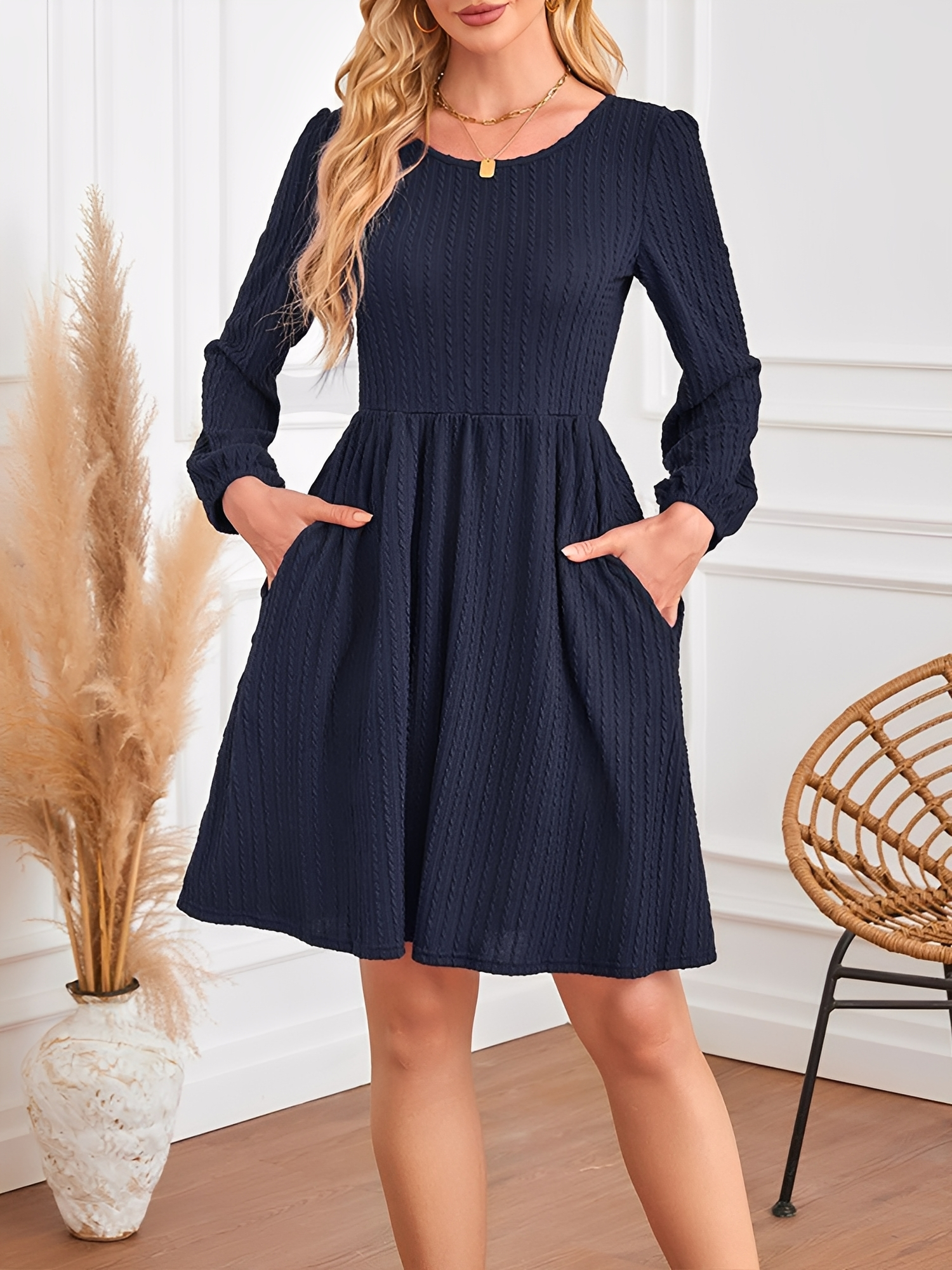 Round Neck Pockets Long Sleeve Textured A-Line Dress Navy/L