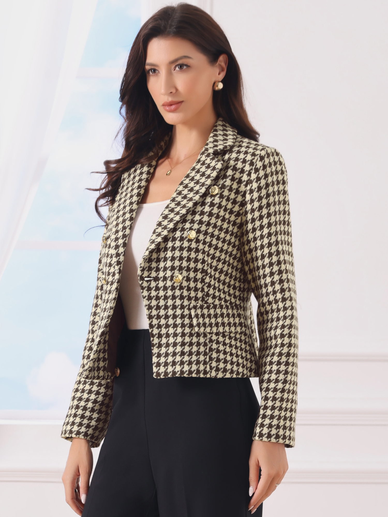 Notch Lapel Houndstooth Buttons Work Long Sleeves Blazer Brown/L