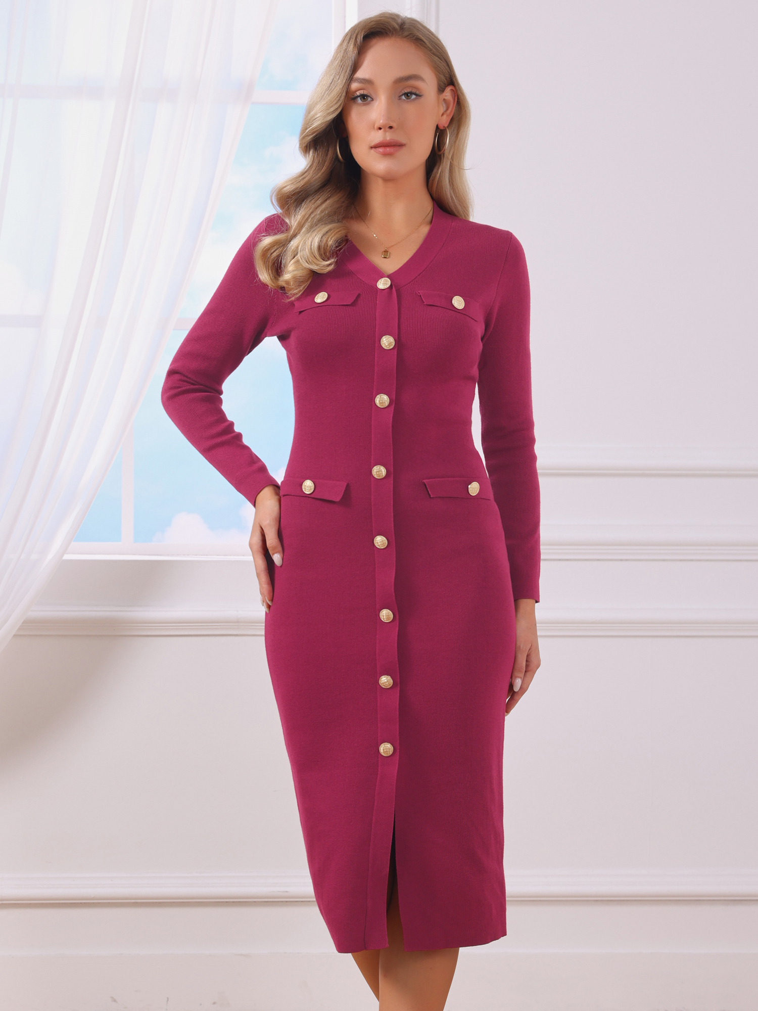 Button Decor Knit Bodycon Midi Sweater Dress Burgundy/XL