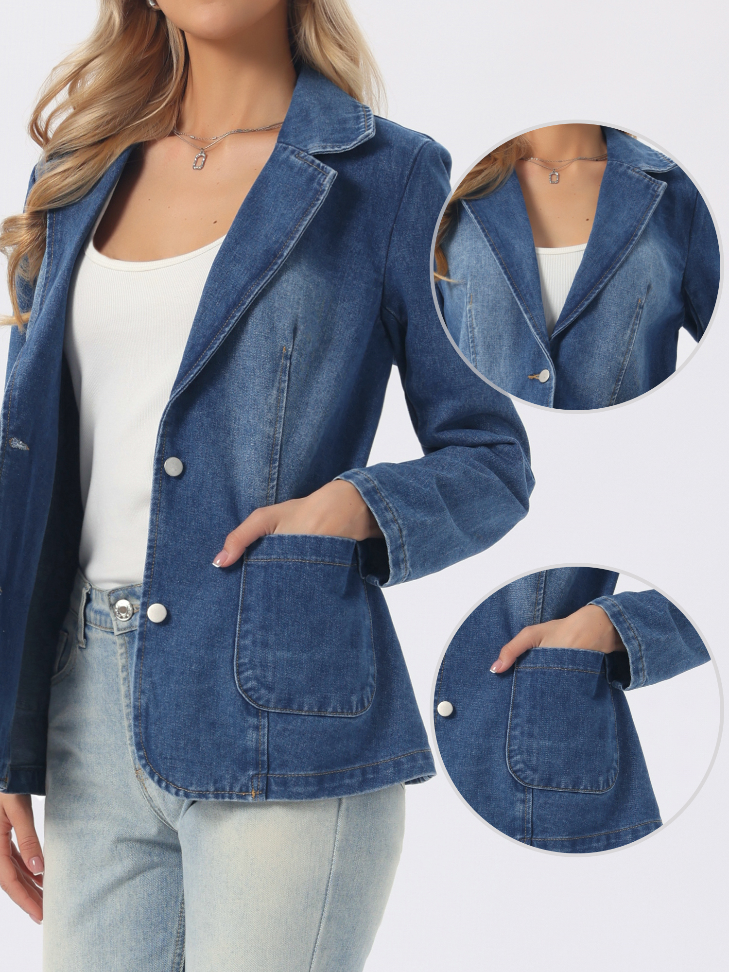 Notched Lapel Button Down Pocketed Denim Jean Jacket Notched Lapel Button Down Pocketed Denim Jean Jacket