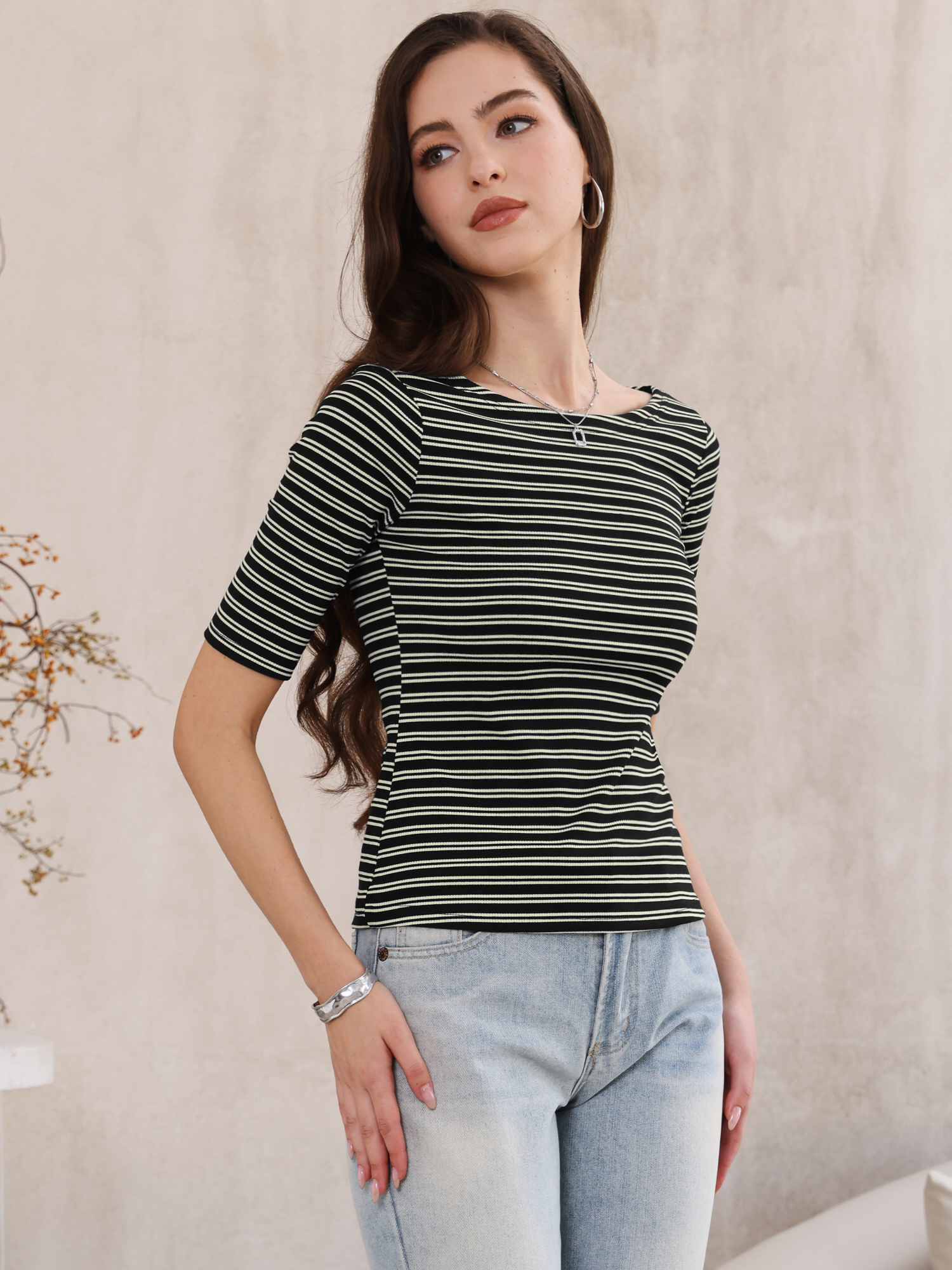 Striped Boat Neck Short Sleeve T-Shirt Black/L