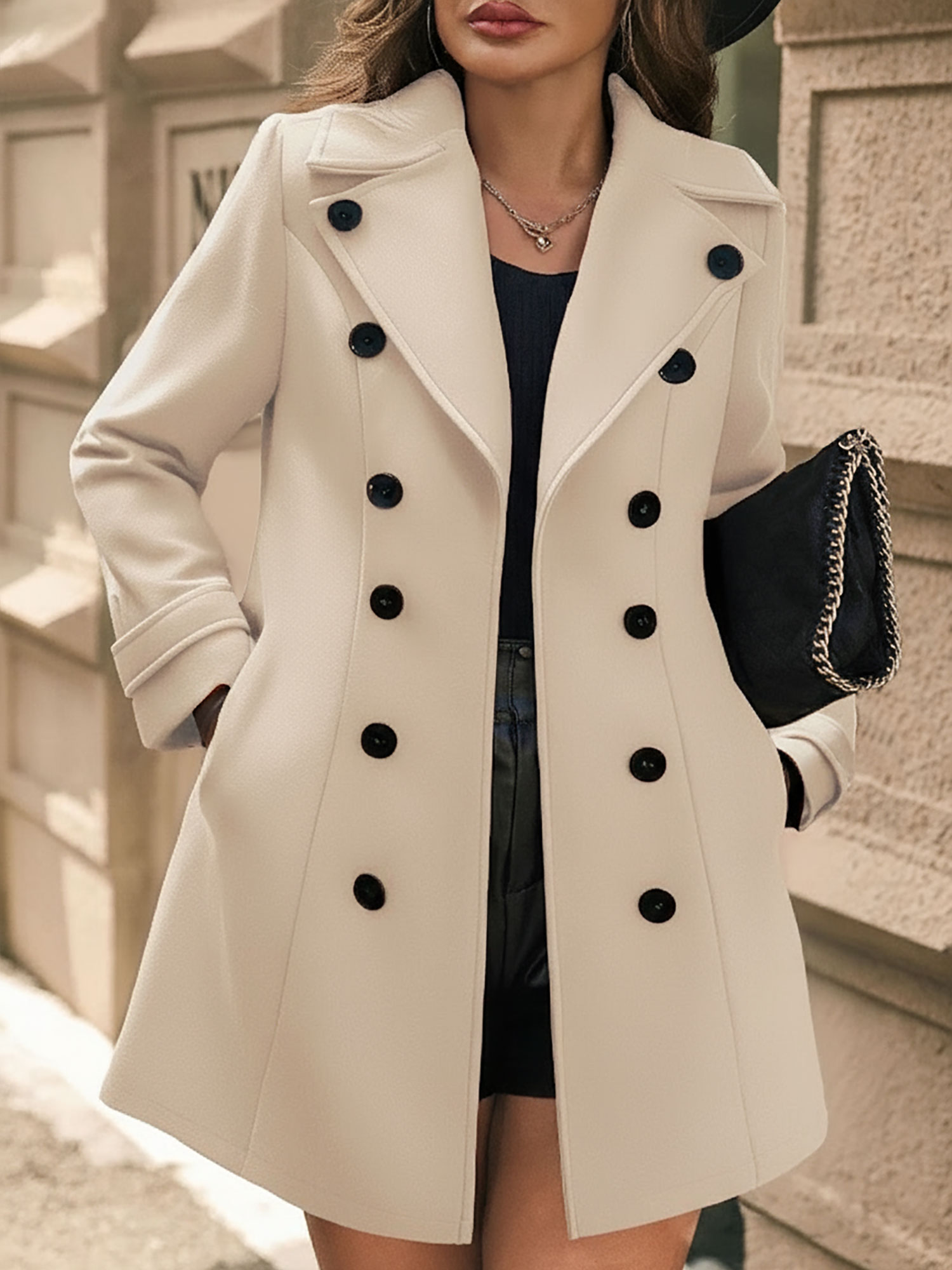 Notched Lapel Buttoned Decor Open Front Coat Apricot/L