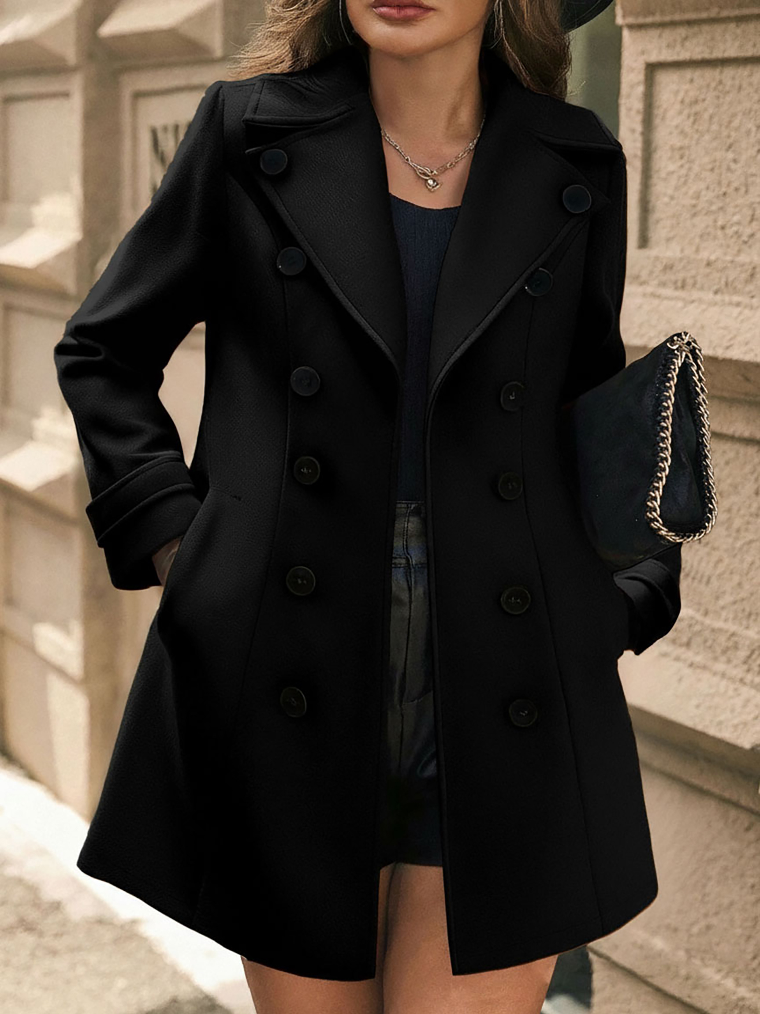 Notched Lapel Buttoned Decor Open Front Coat Black/L