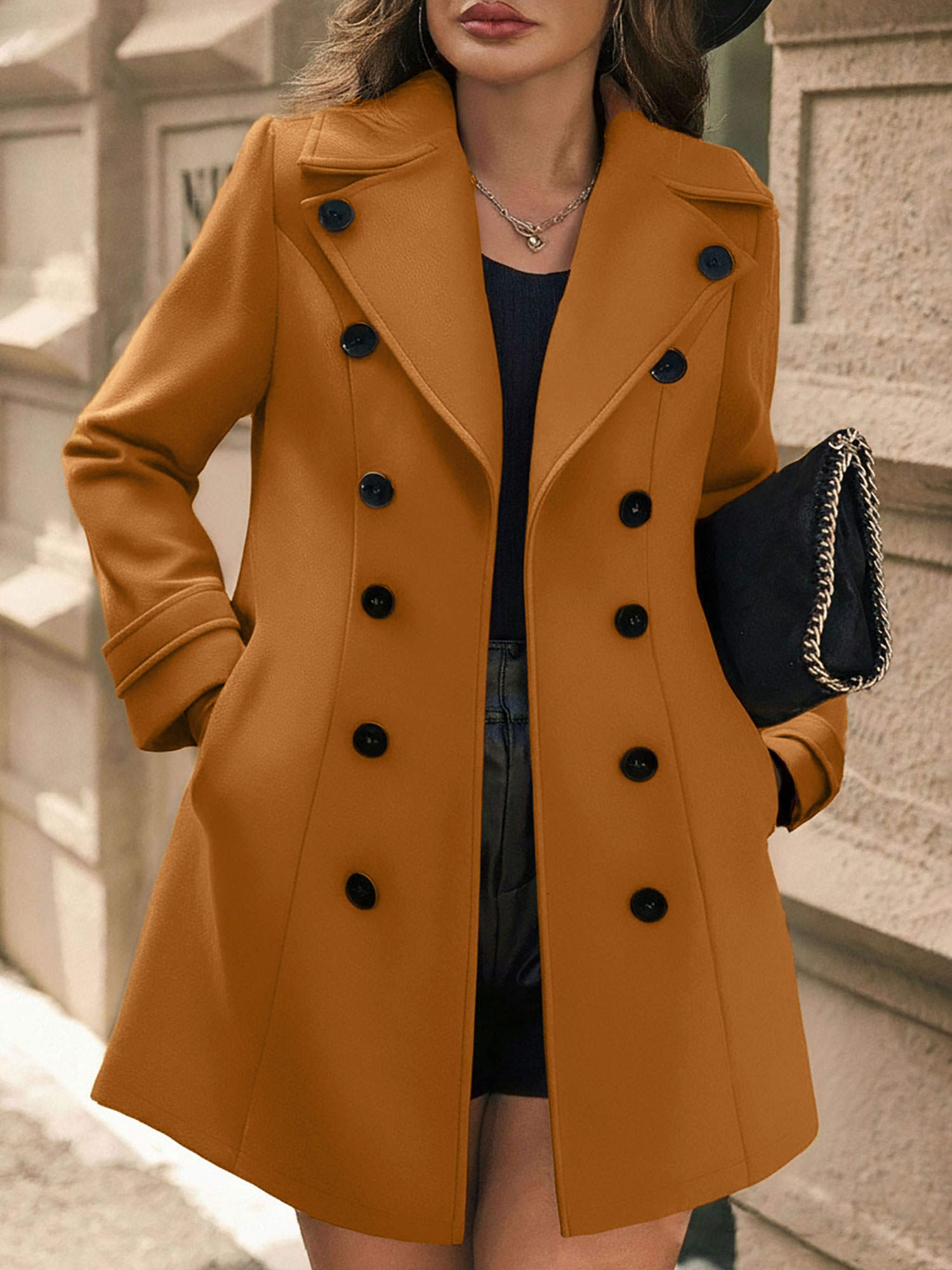 Notched Lapel Buttoned Decor Open Front Coat Caramel/XS