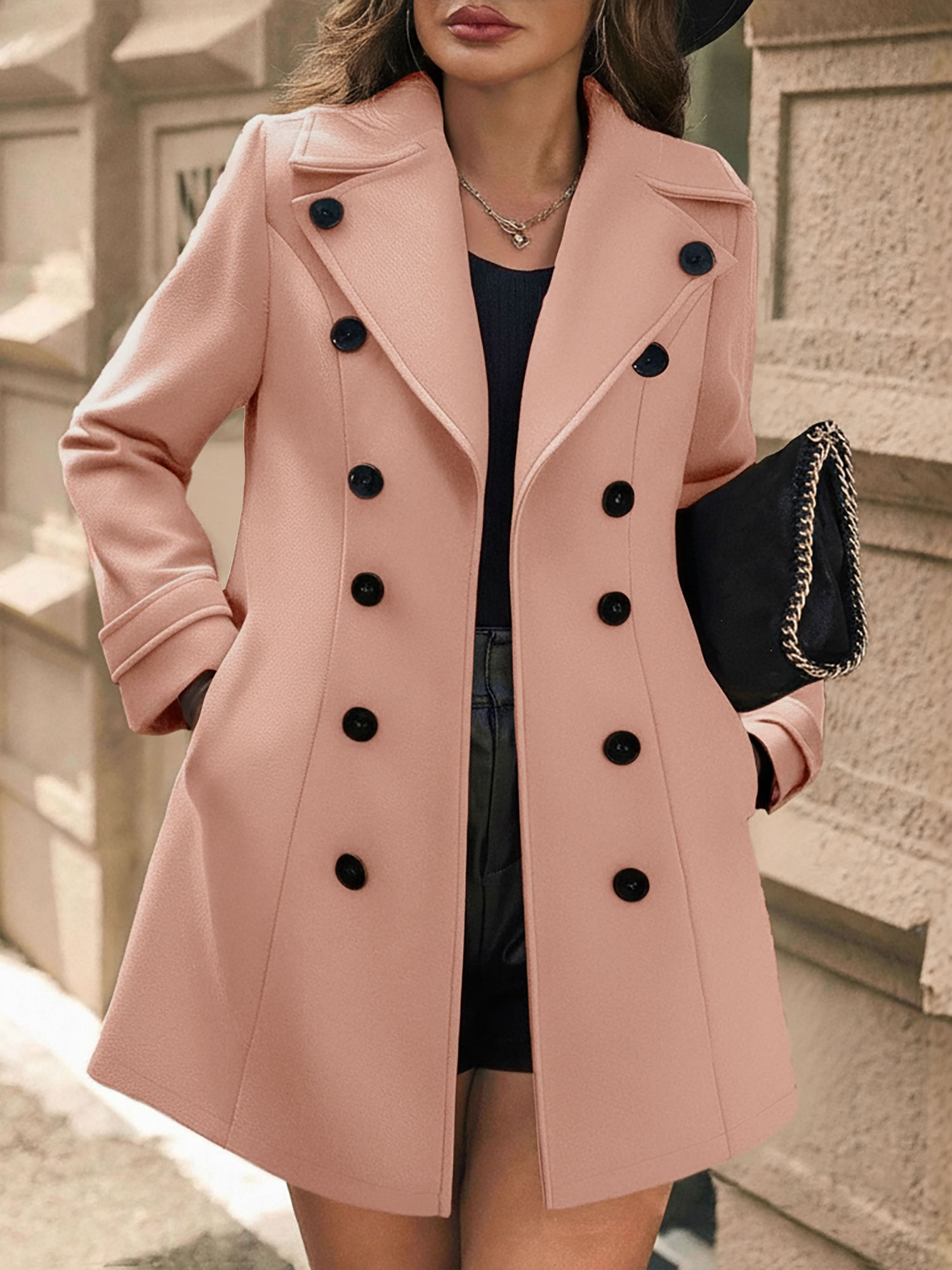 Notched Lapel Buttoned Decor Open Front Coat Light Pink/S