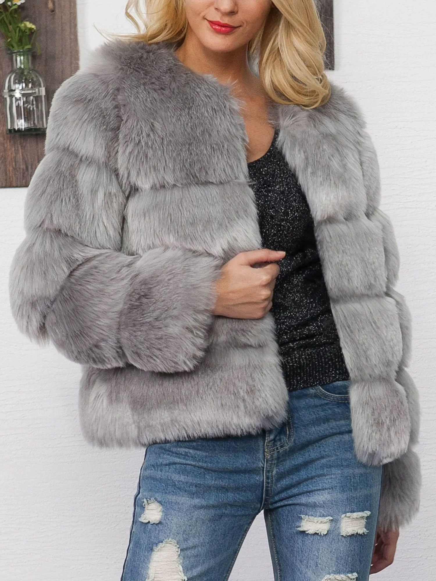 Casual Long Sleeves Solid Color Faux Fur Coat Gray/XL