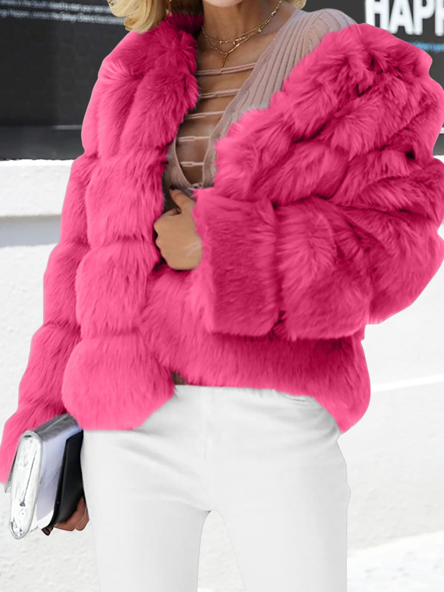 Casual Long Sleeves Solid Color Faux Fur Coat Rose Red/L