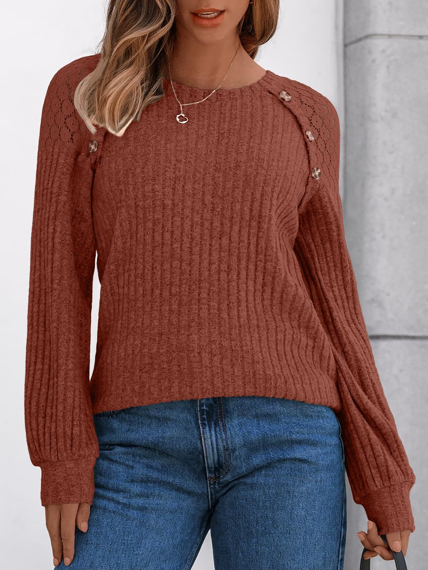 Solid Color Round Neck Buttoned Long Sleeve Blouse Red/L