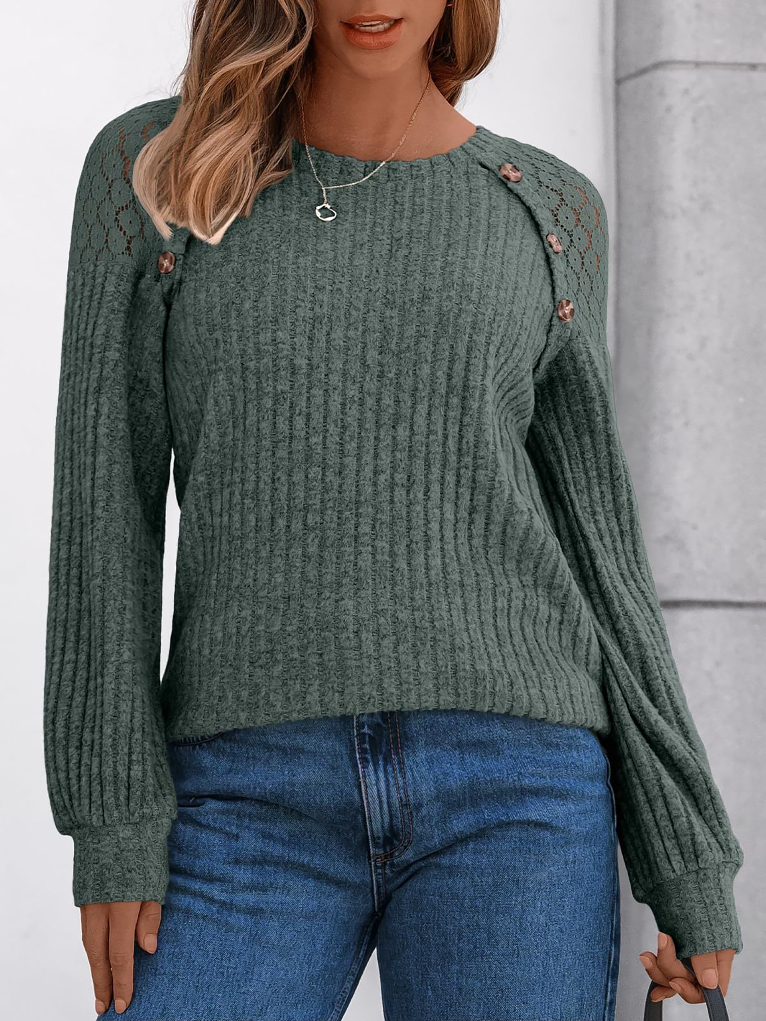 Solid Color Round Neck Buttoned Long Sleeve Blouse Olive Green/L