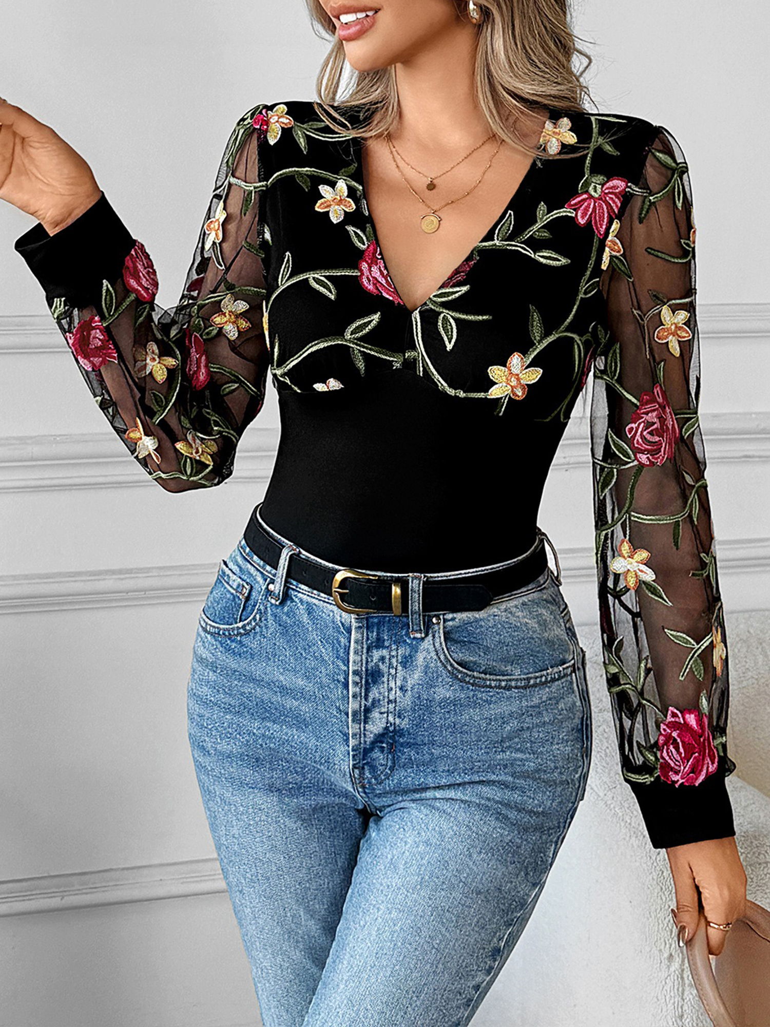Lace Floral Embroidery Mesh Long Sleeves Blouse Black/L