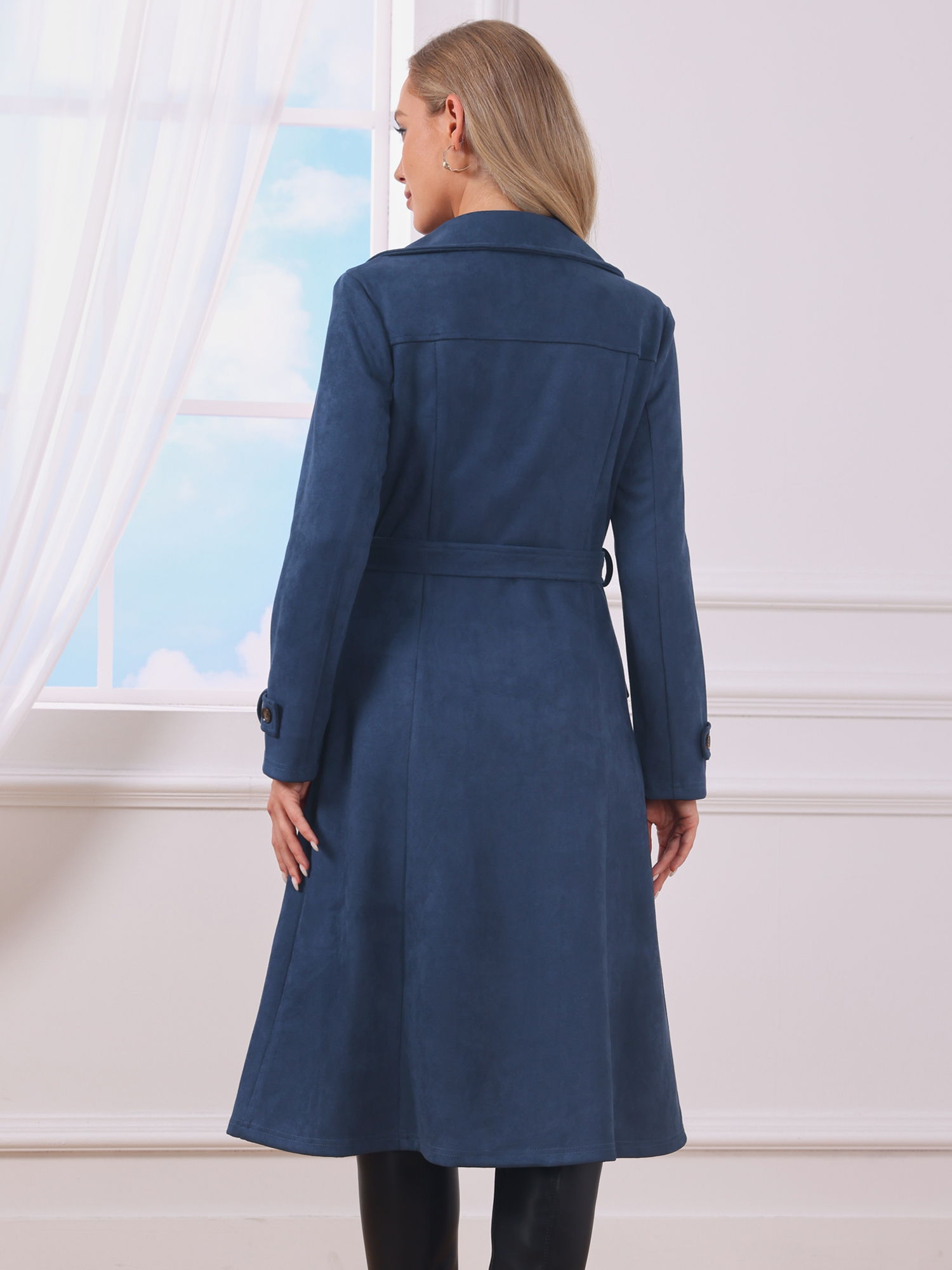 Faux Suede Double Breasted Belted Long Sleeve Trench Coat Navy Blue/M